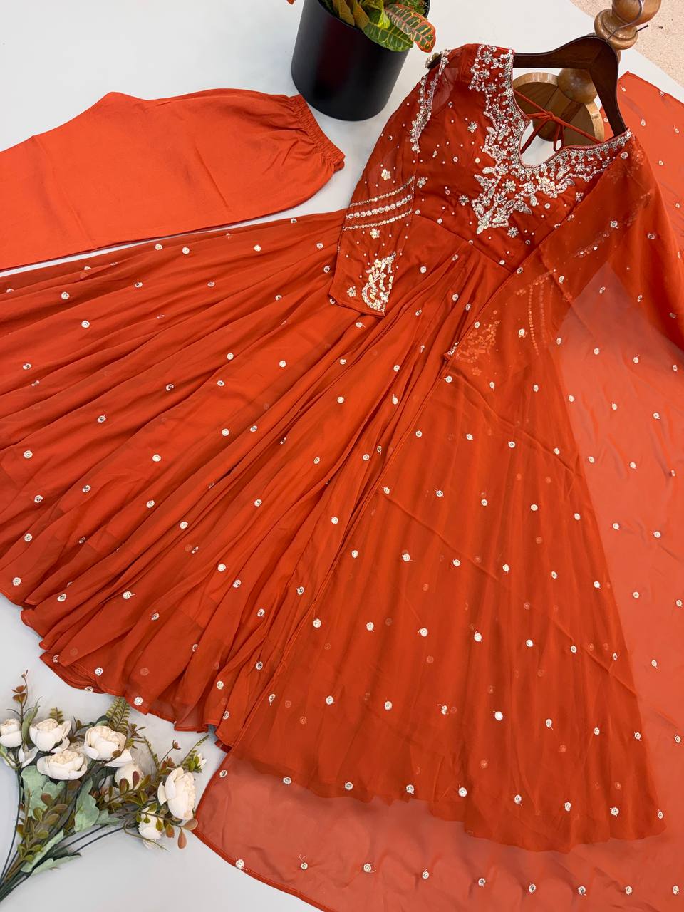 Burnt Orange Designer Faux Georgette Anarkali Gown Set with Embroidery