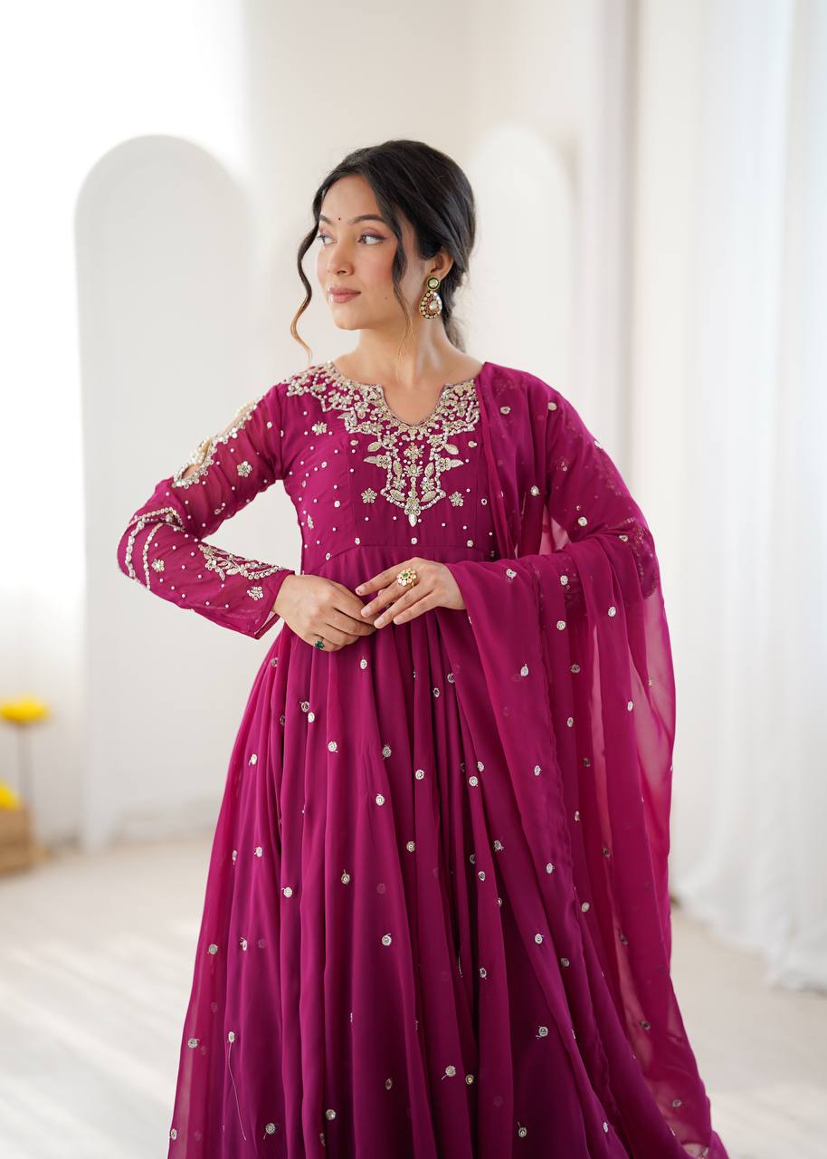 Magenta Faux Georgette Embroidered Gown with Dupatta Set