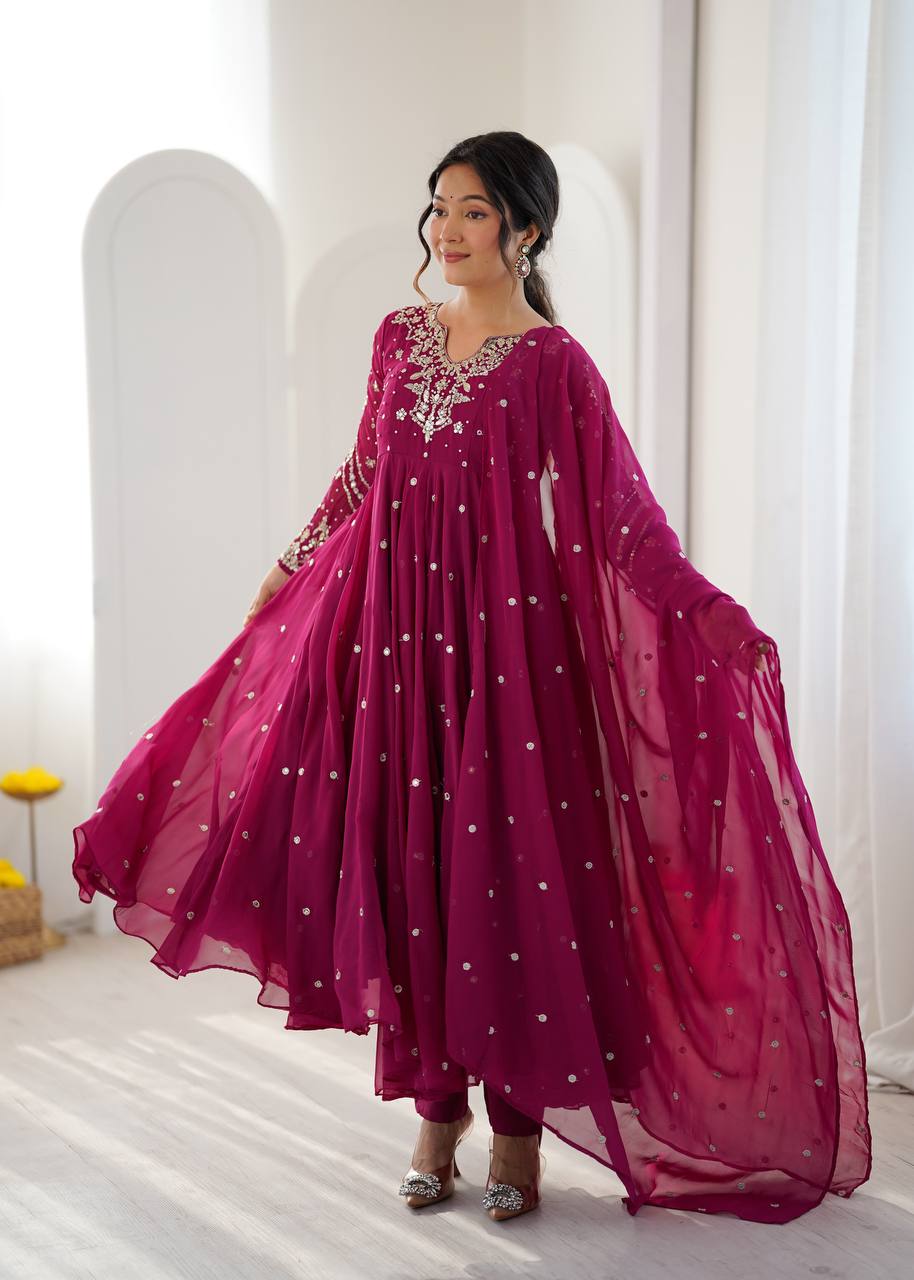 Magenta Faux Georgette Embroidered Gown with Dupatta Set