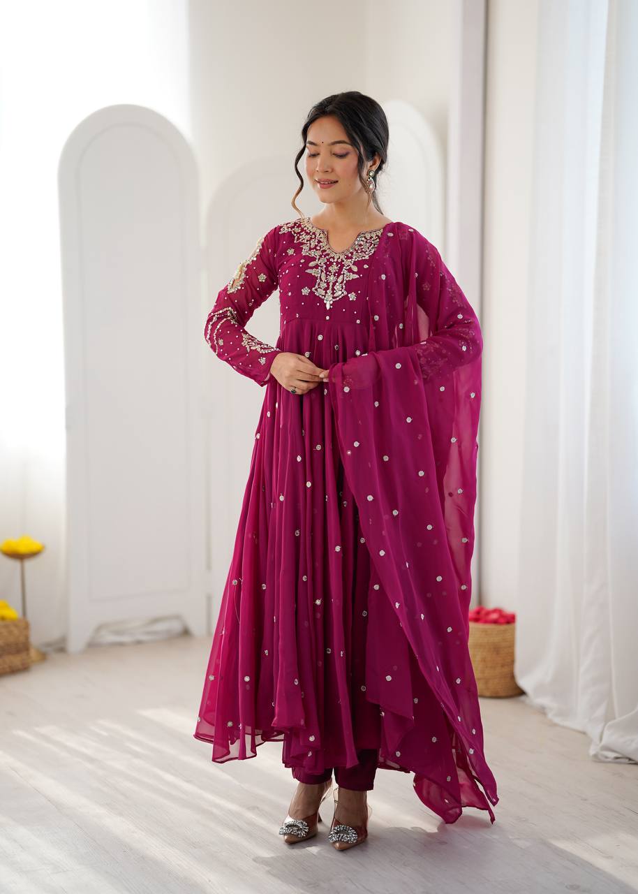 Magenta Faux Georgette Embroidered Gown with Dupatta Set