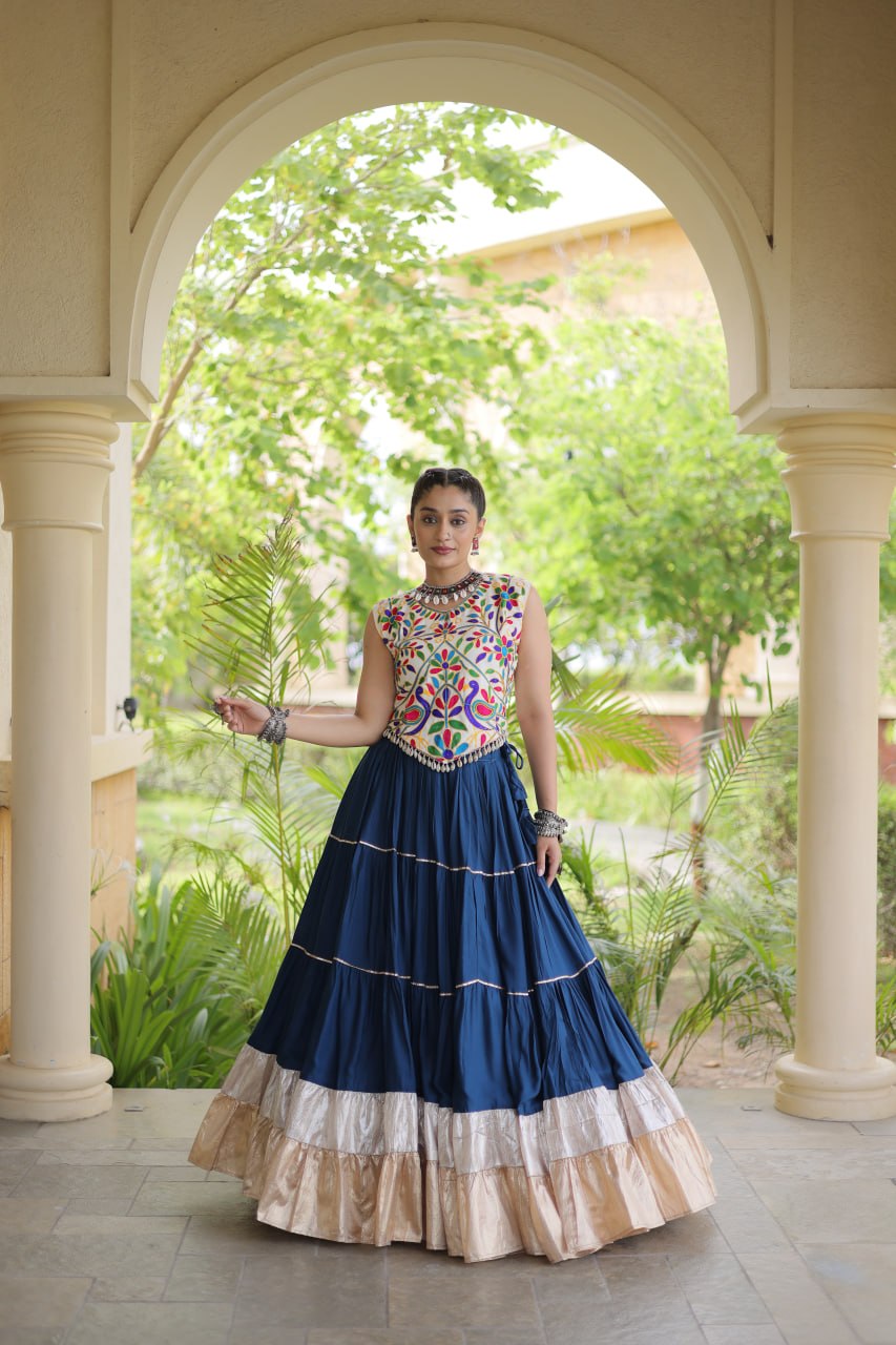 Navy Blue Kutchi Work Lehenga Choli with 12 Meter Flair
