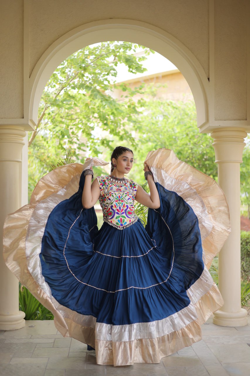 Navy Blue Kutchi Work Lehenga Choli with 12 Meter Flair