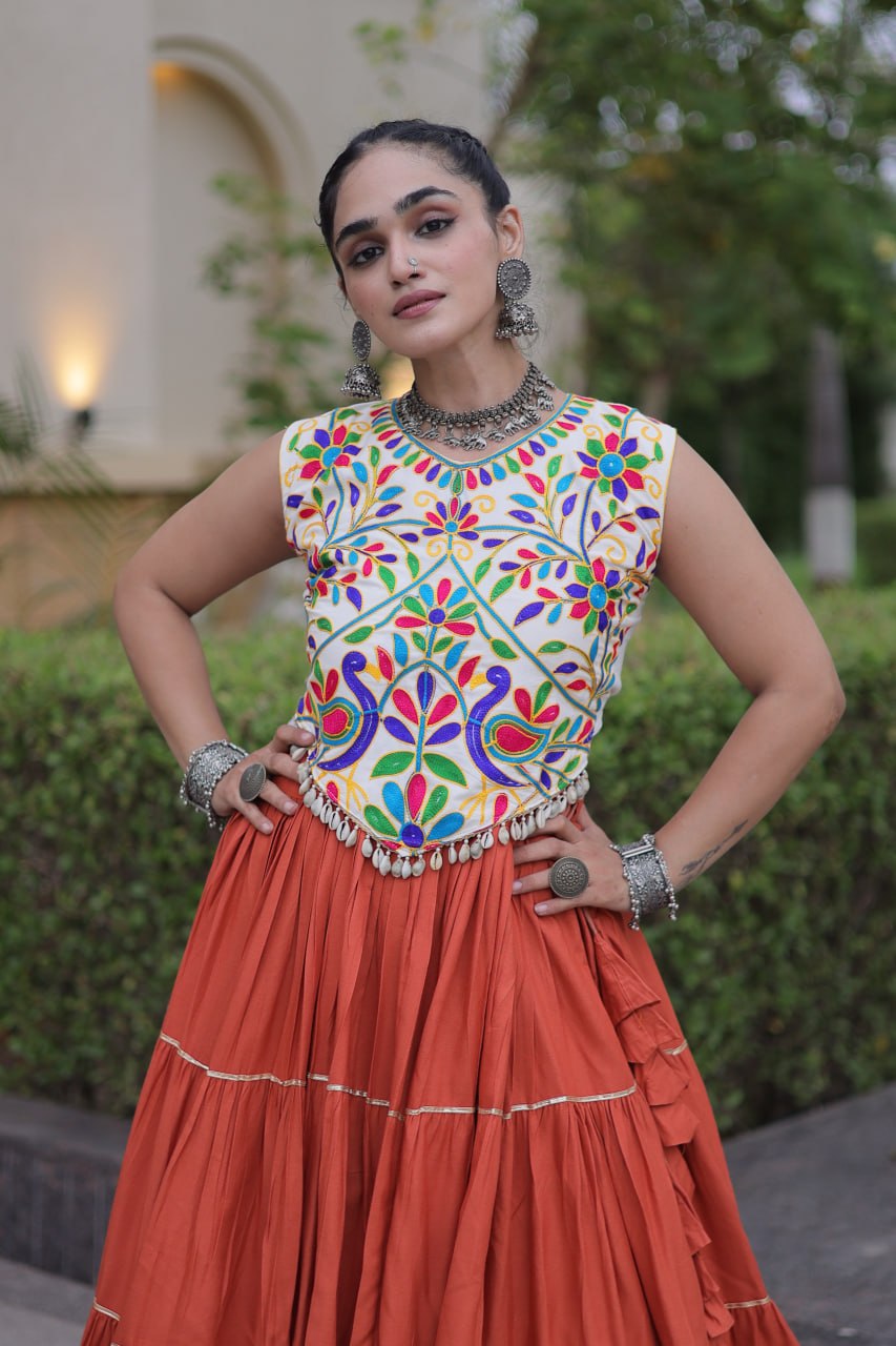 Terracotta Orange Kutchi Work Lehenga Choli with 12 Meter Flair