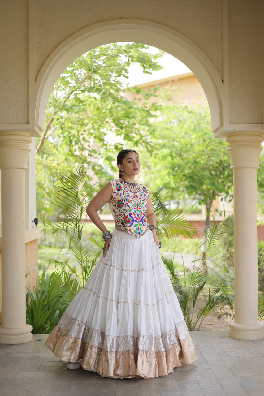 Ivory White Kutchi Work Lehenga Choli with 12 Meter Flair