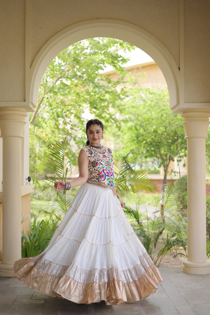 Ivory White Kutchi Work Lehenga Choli with 12 Meter Flair