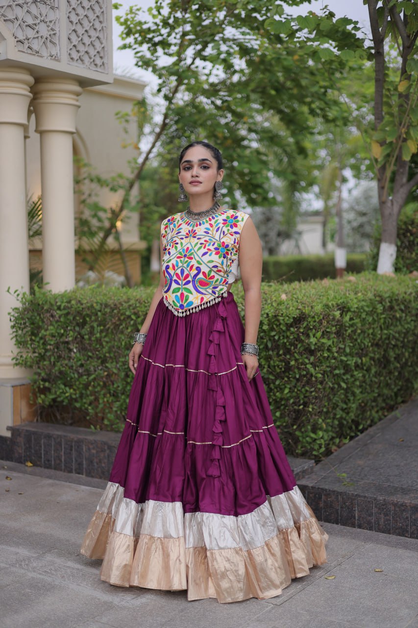 Plum Purple Kutchi Work Lehenga Choli with 12 Meter Flair
