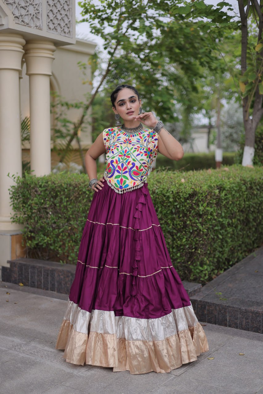 Plum Purple Kutchi Work Lehenga Choli with 12 Meter Flair