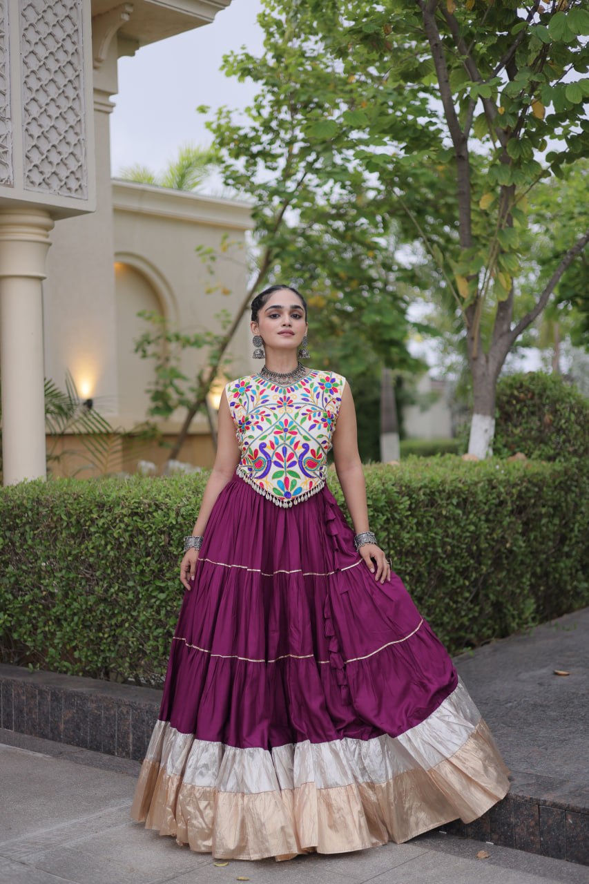 Plum Purple Kutchi Work Lehenga Choli with 12 Meter Flair