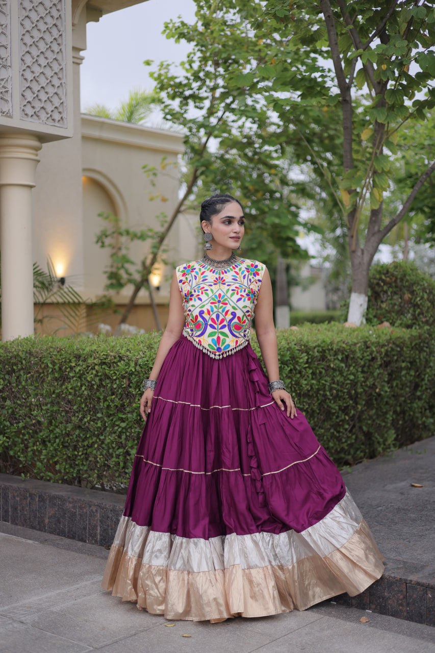 Plum Purple Kutchi Work Lehenga Choli with 12 Meter Flair