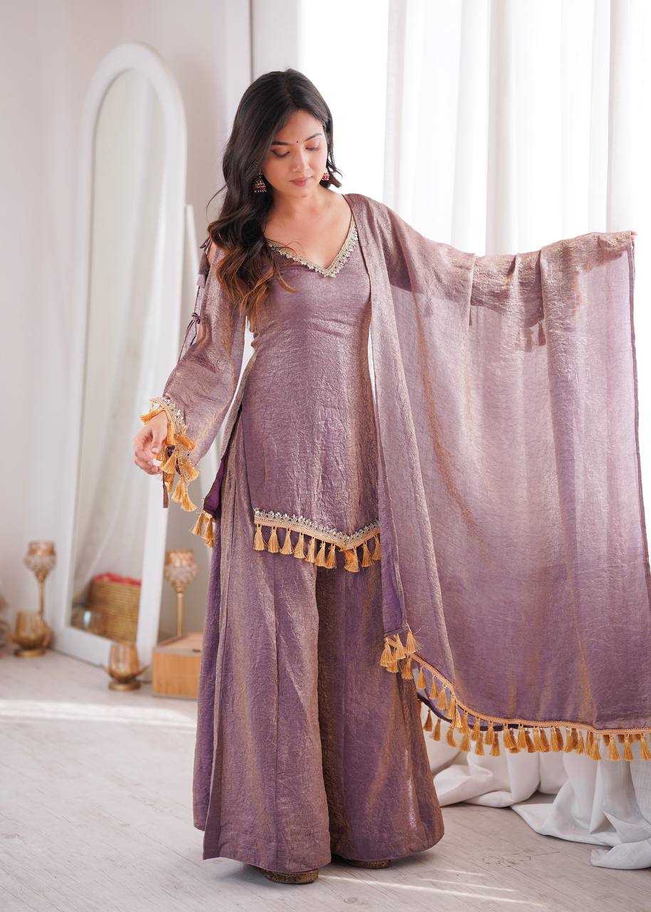 Mauve Doremon Crush Palazzo Suit Set with Mirror Work Lace & Dupatta