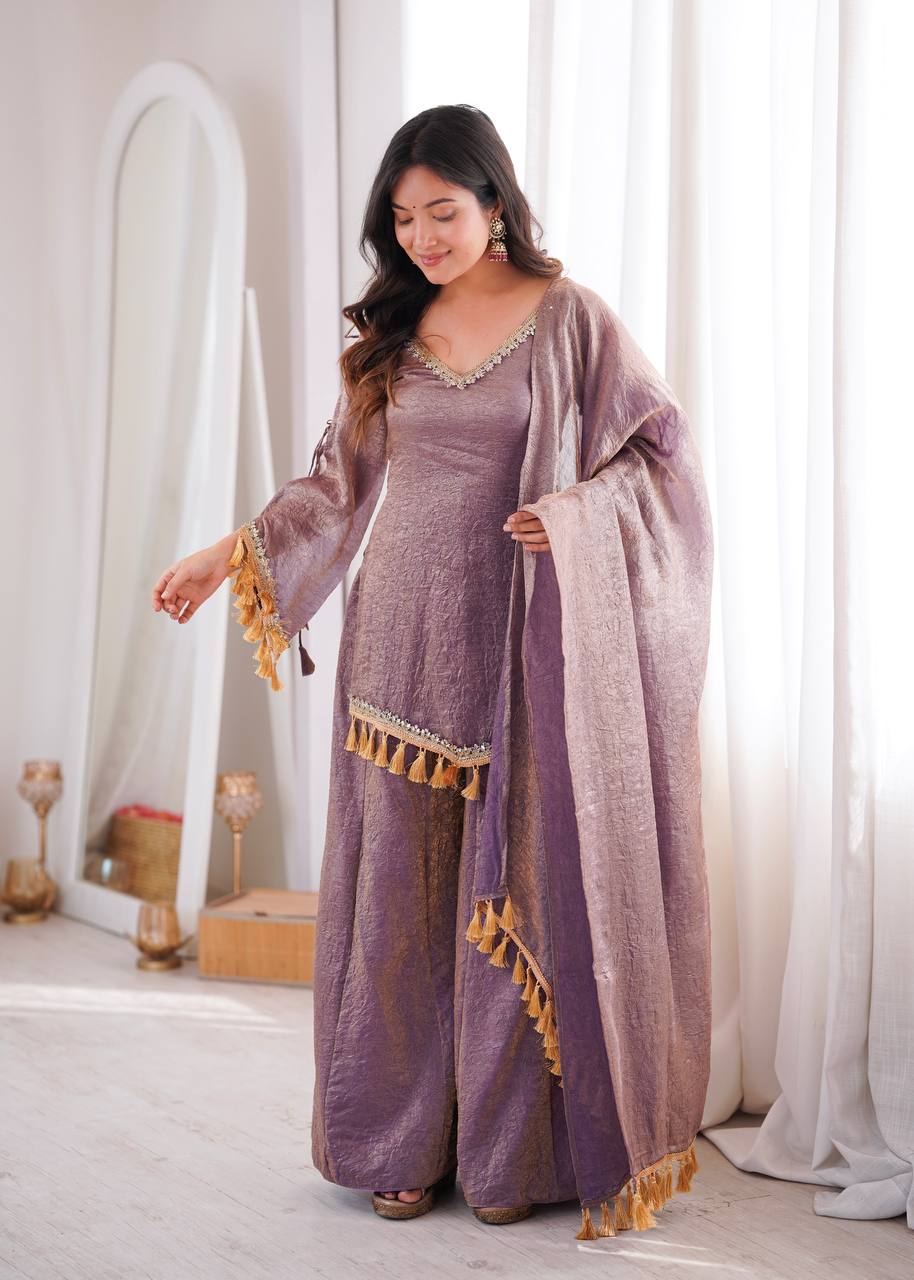 Mauve Doremon Crush Palazzo Suit Set with Mirror Work Lace & Dupatta