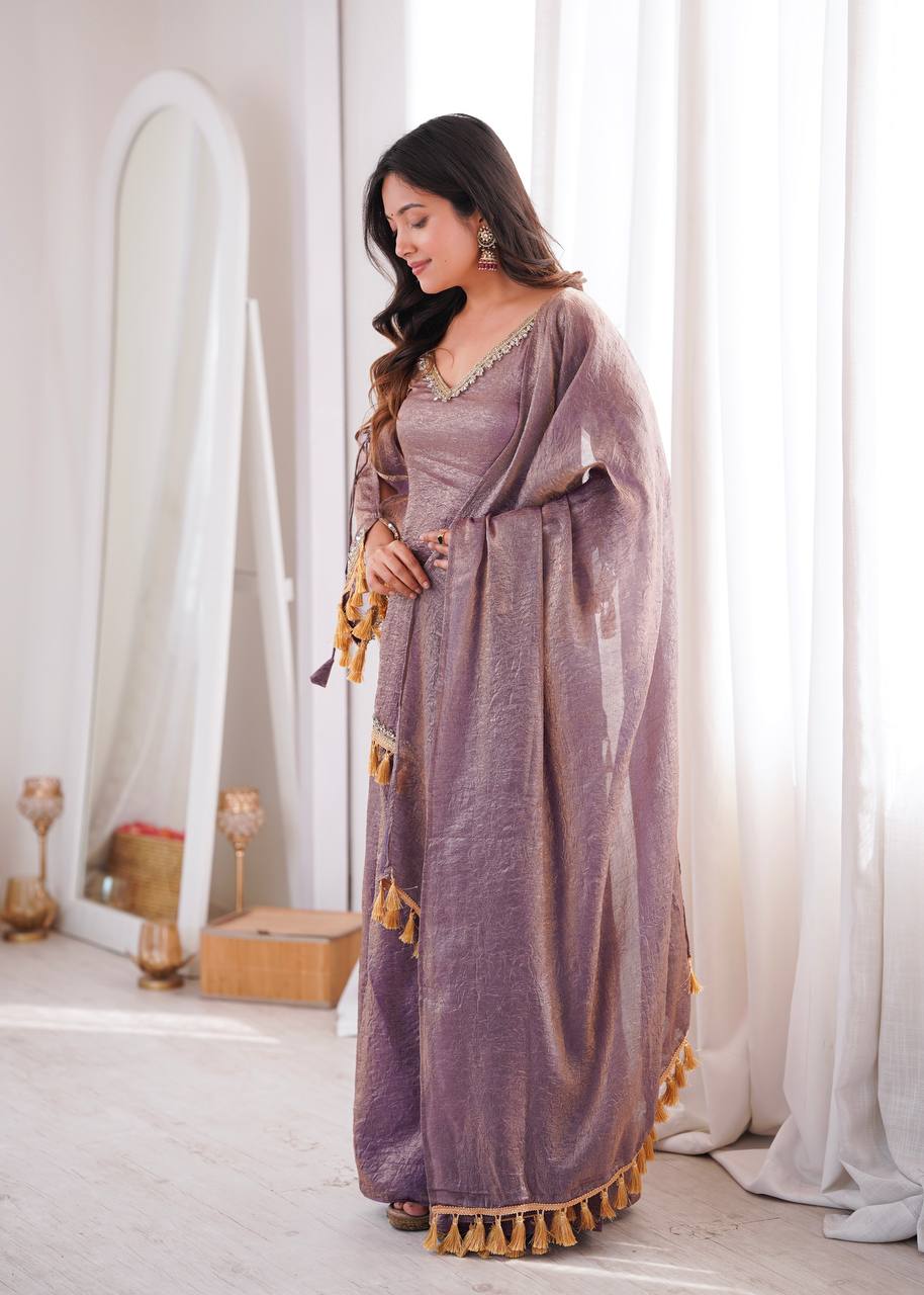 Mauve Doremon Crush Palazzo Suit Set with Mirror Work Lace & Dupatta