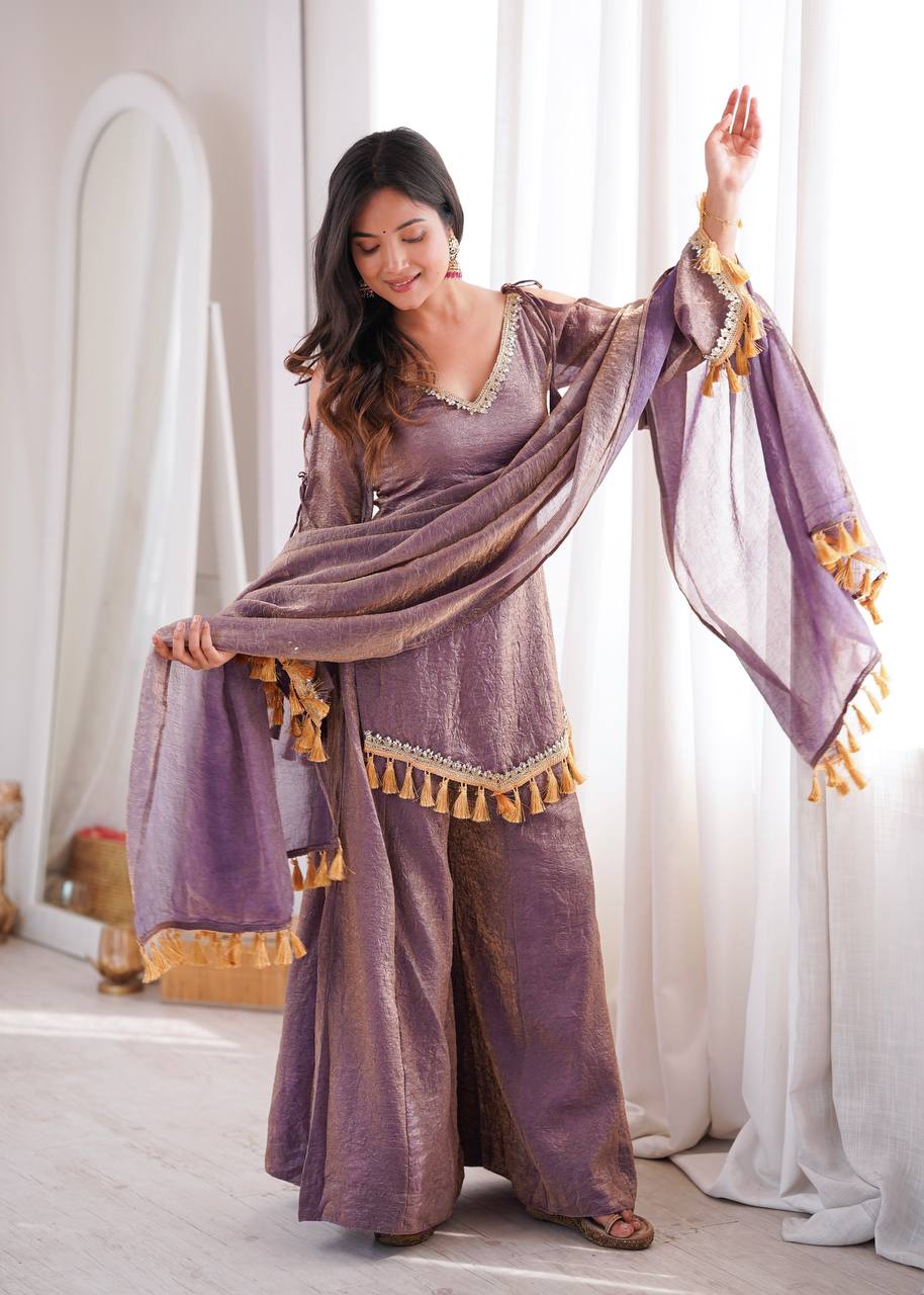 Mauve Doremon Crush Palazzo Suit Set with Mirror Work Lace & Dupatta