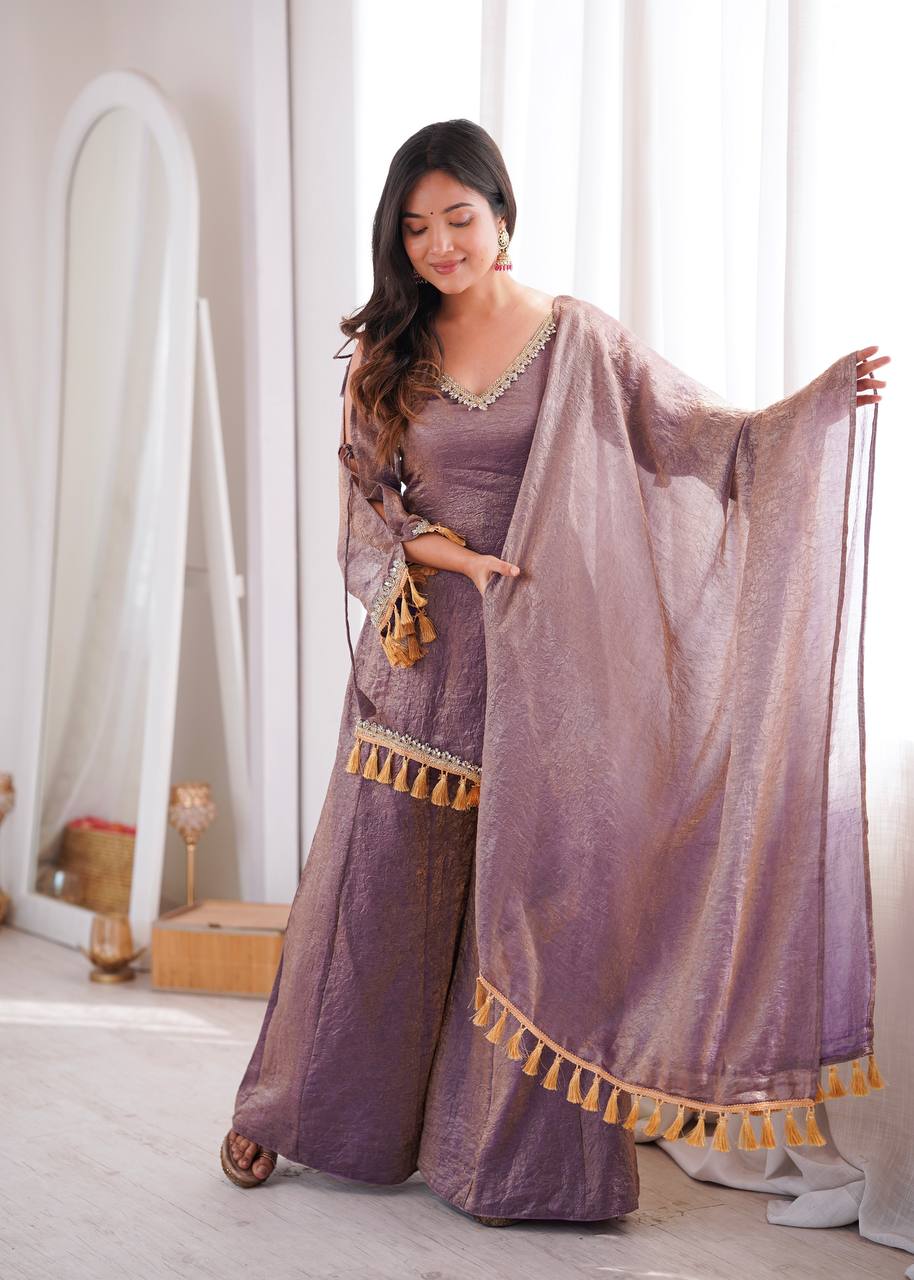 Mauve Doremon Crush Palazzo Suit Set with Mirror Work Lace & Dupatta