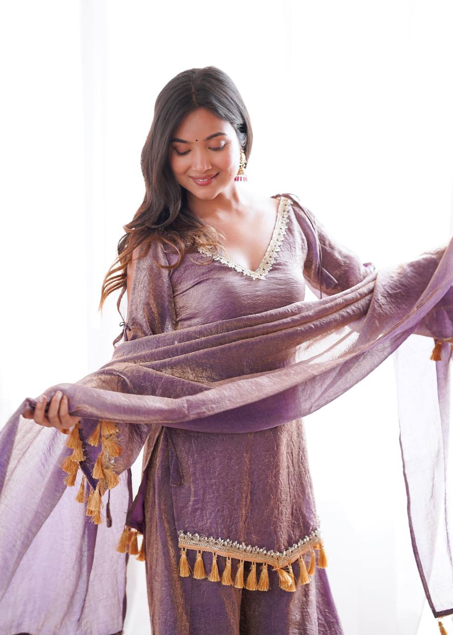 Mauve Doremon Crush Palazzo Suit Set with Mirror Work Lace & Dupatta