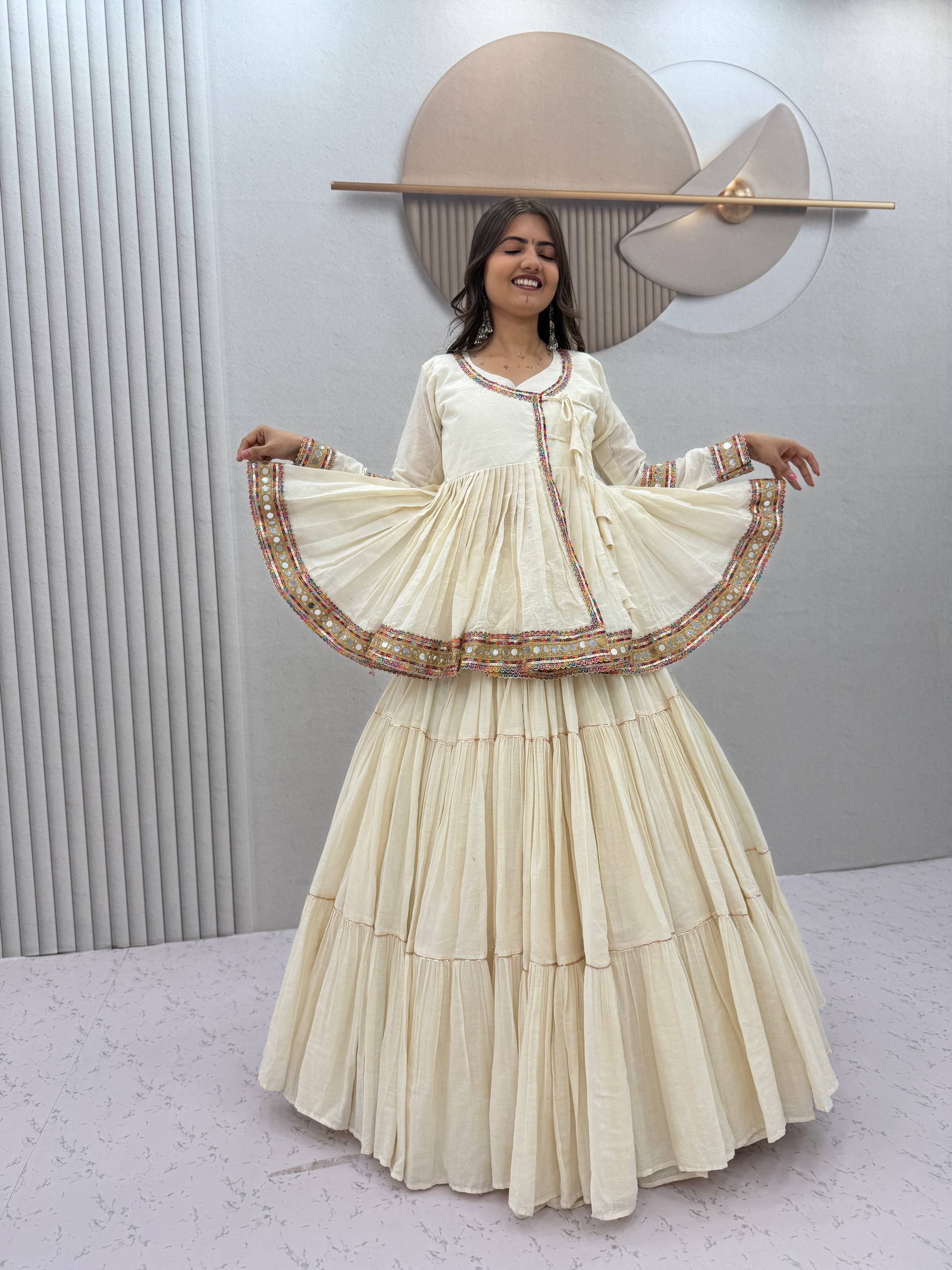 Ivory White Mirror Work Cotton Kediyu Lehenga Set with Multicolor Border