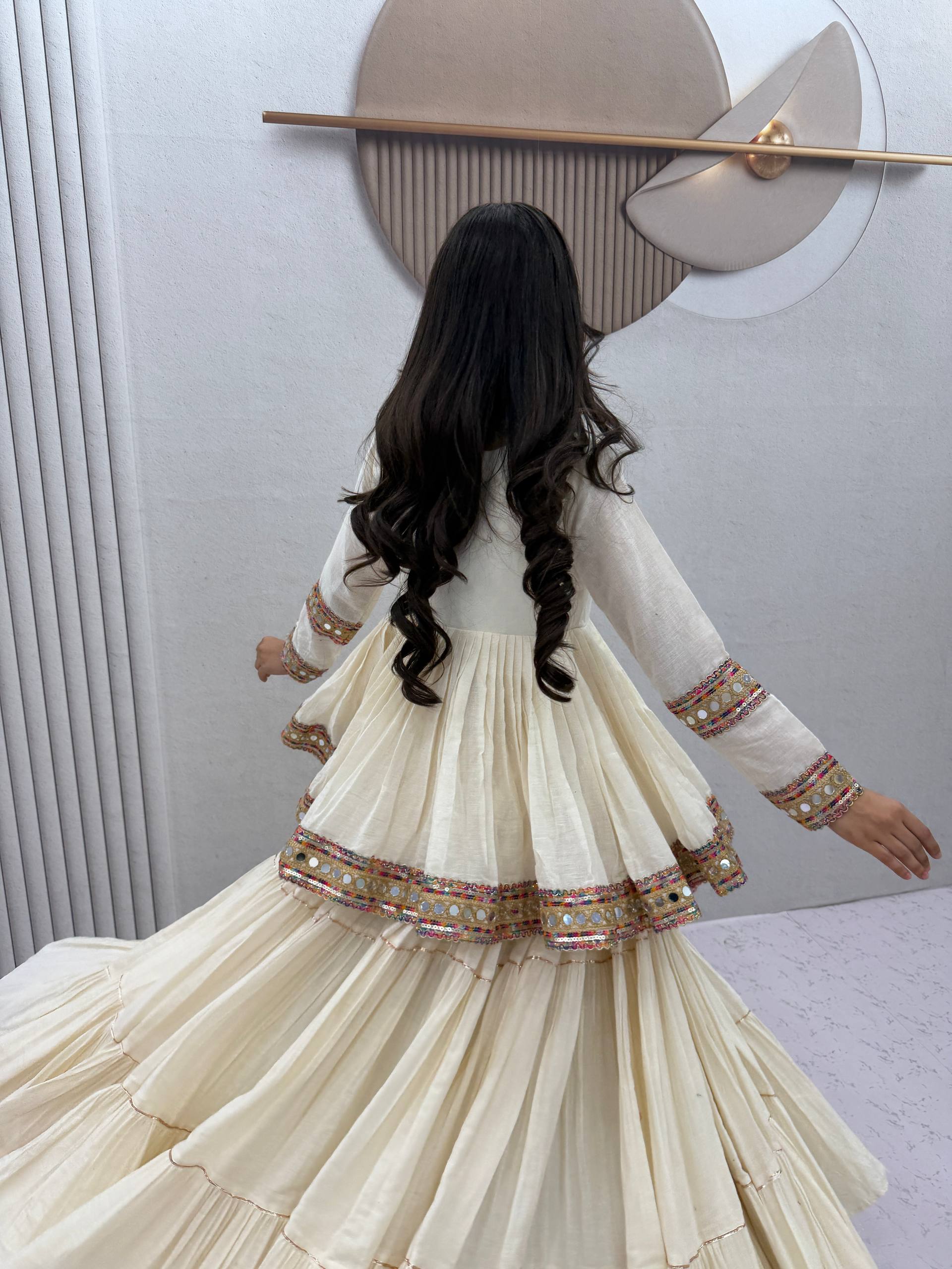 Ivory White Mirror Work Cotton Kediyu Lehenga Set with Multicolor Border