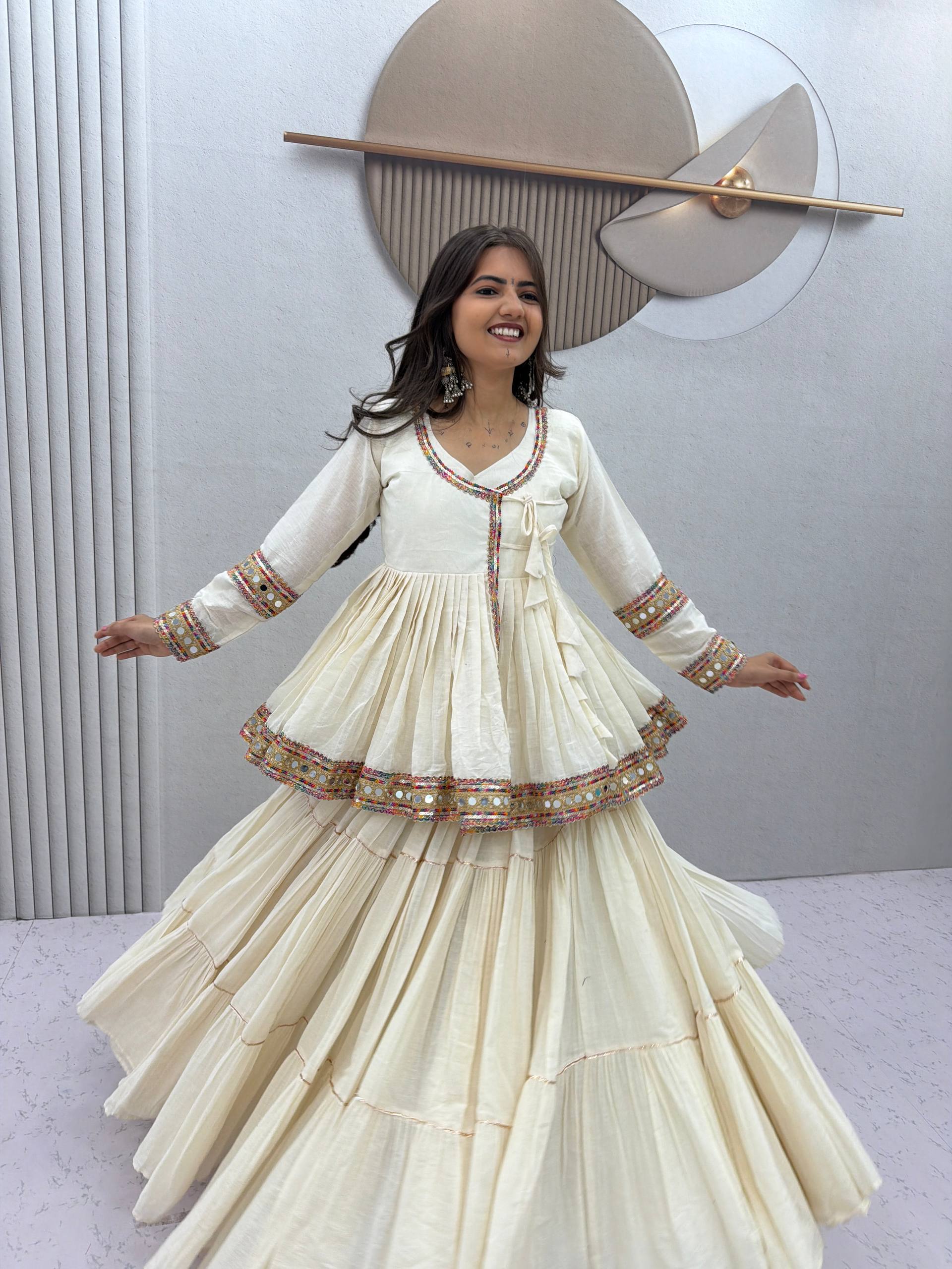 Ivory White Mirror Work Cotton Kediyu Lehenga Set with Multicolor Border