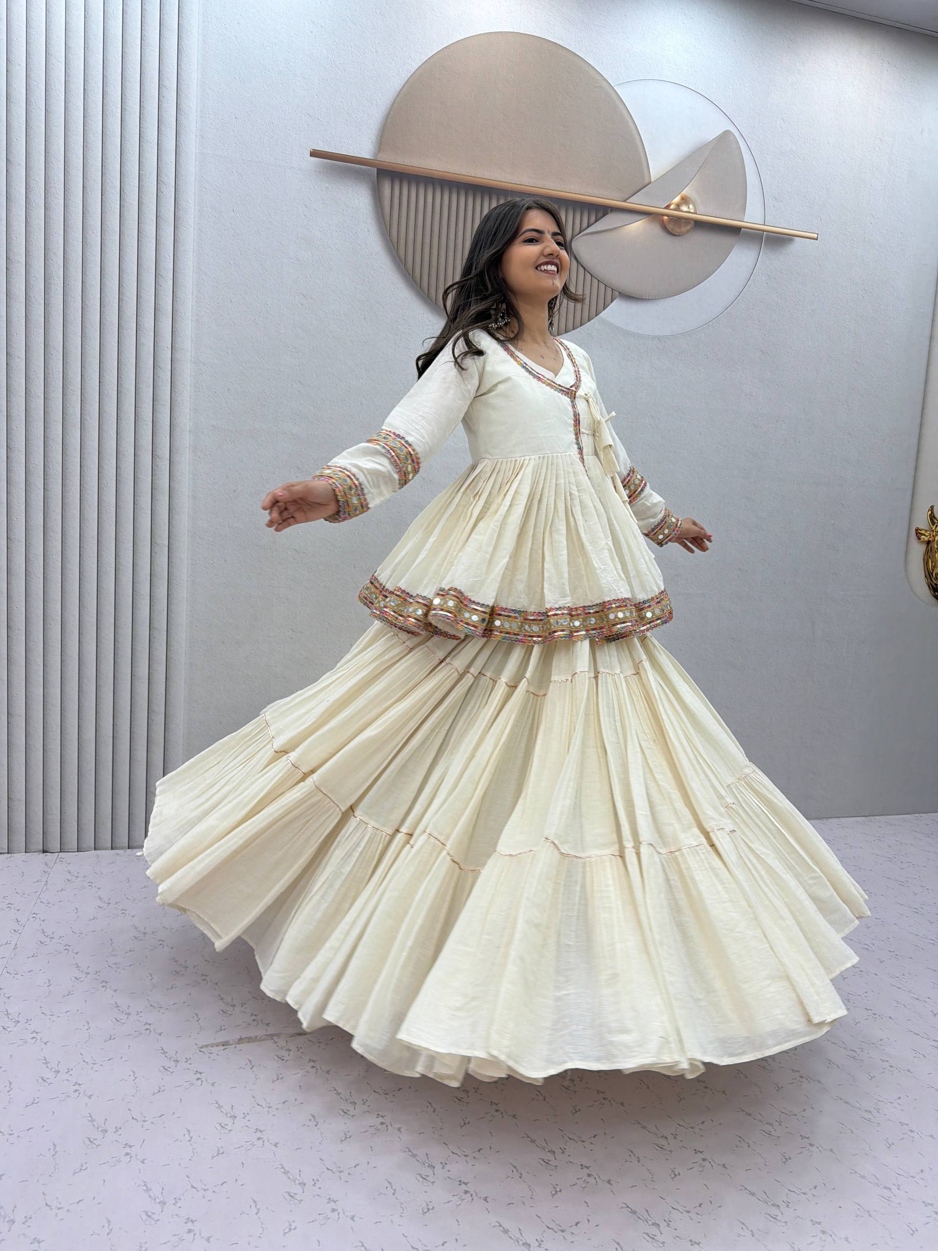 Ivory White Mirror Work Cotton Kediyu Lehenga Set with Multicolor Border