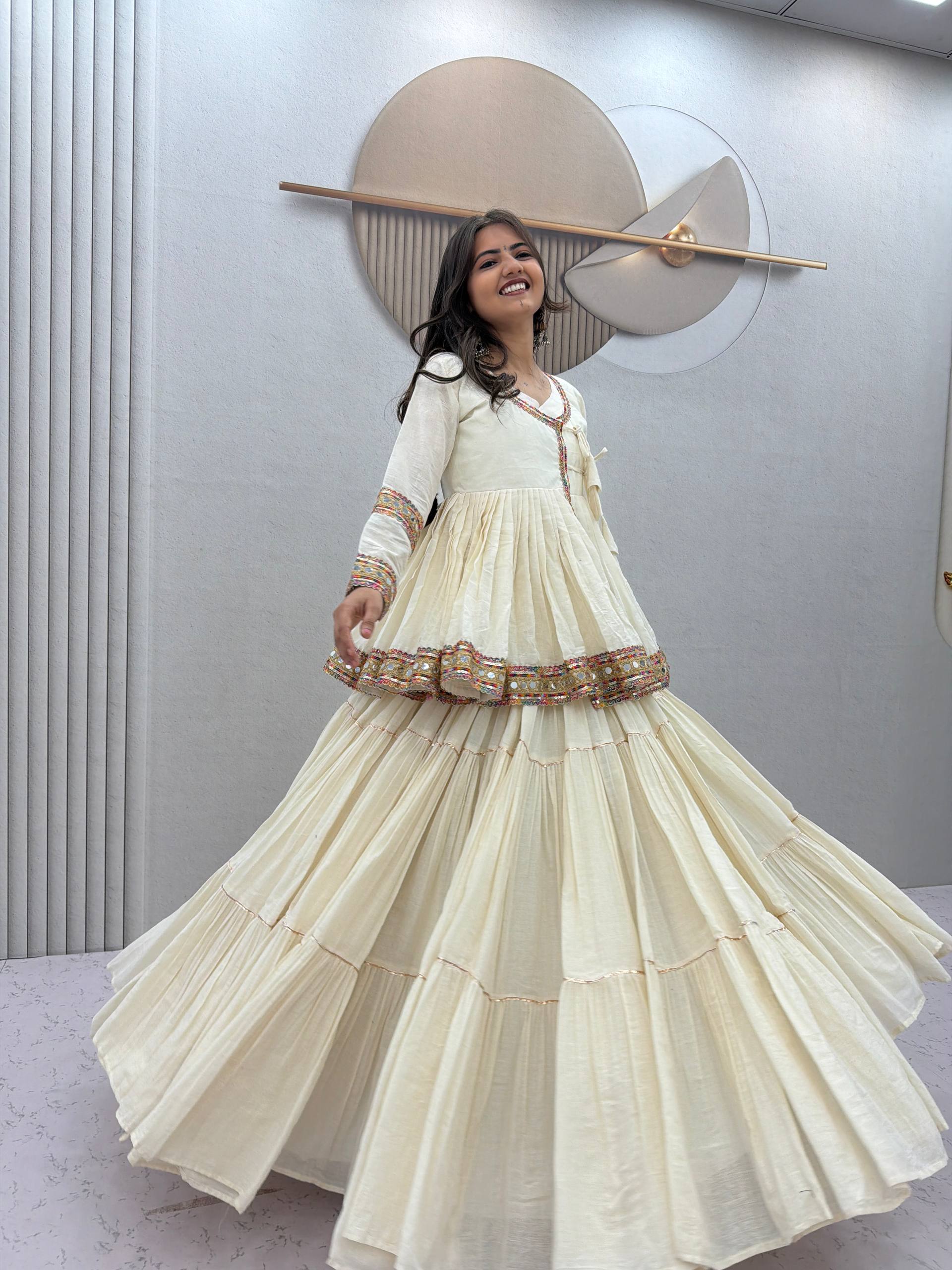Ivory White Mirror Work Cotton Kediyu Lehenga Set with Multicolor Border