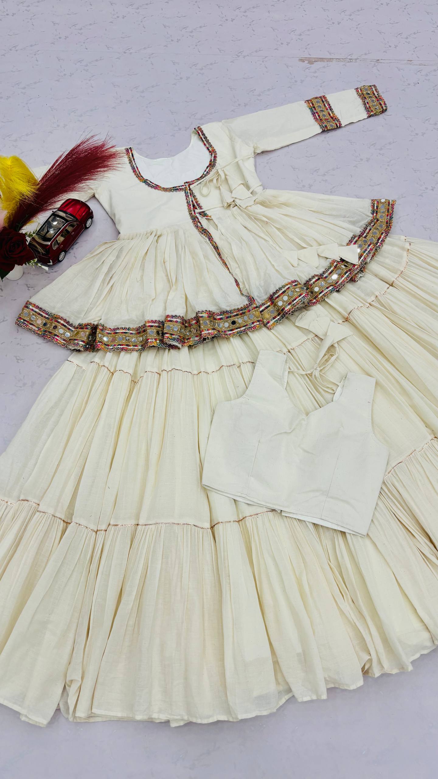Ivory White Mirror Work Cotton Kediyu Lehenga Set with Multicolor Border