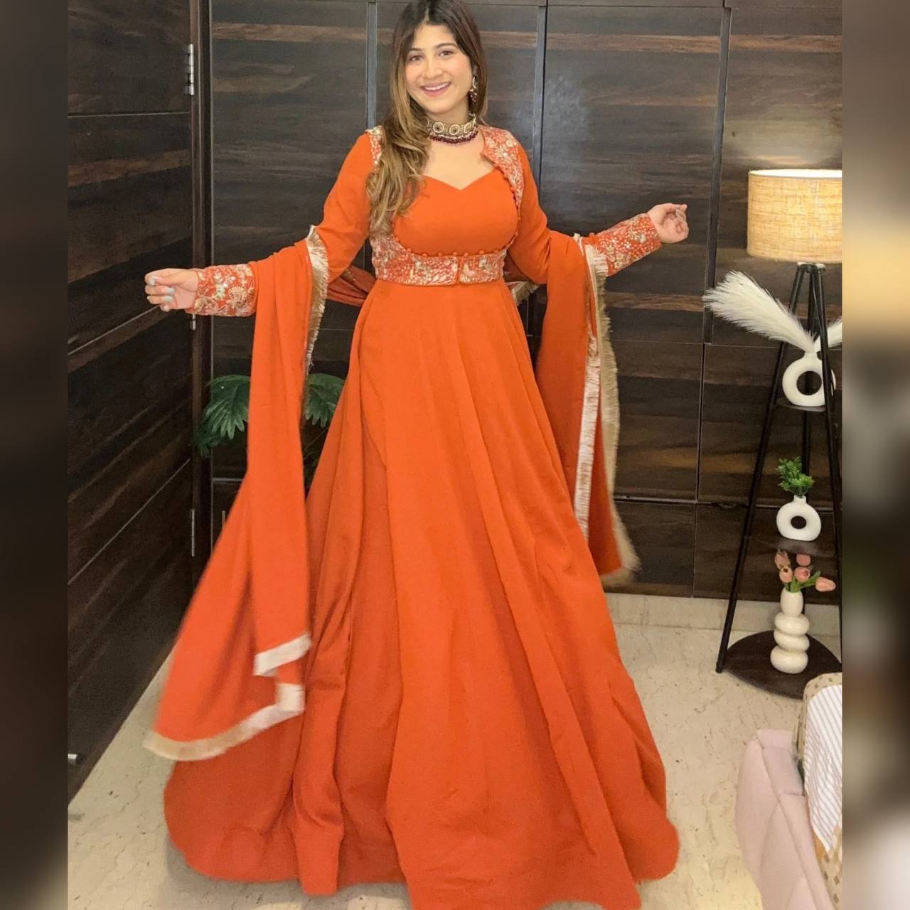 Orange Designer Maxi Anarkali Suit with Embroidered Koti & Dupatta