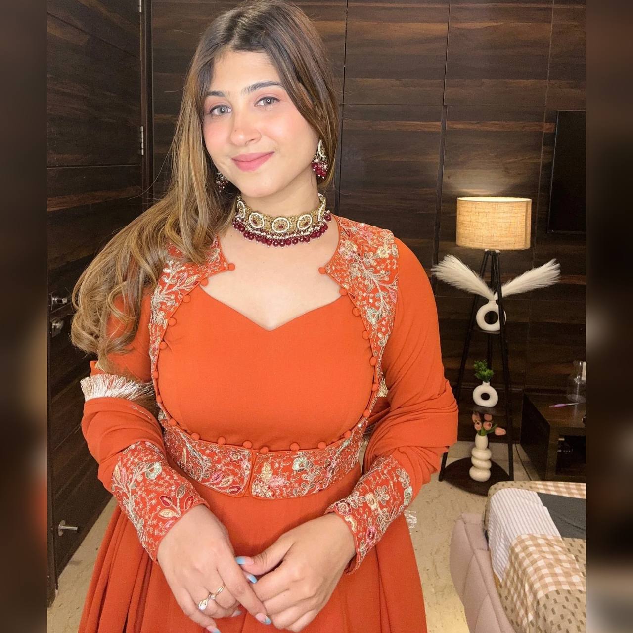 Orange Designer Maxi Anarkali Suit with Embroidered Koti & Dupatta