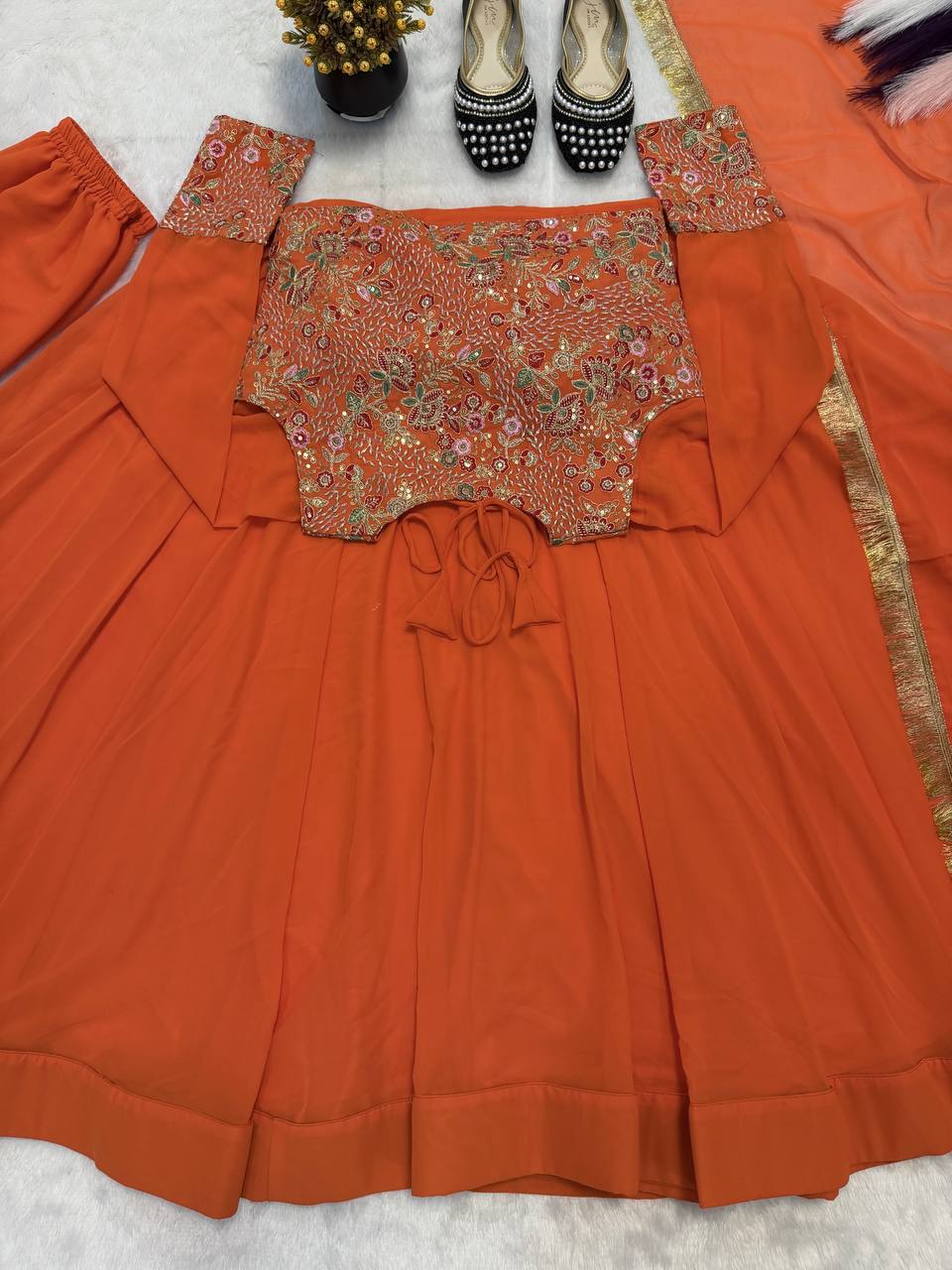 Orange Designer Maxi Anarkali Suit with Embroidered Koti & Dupatta