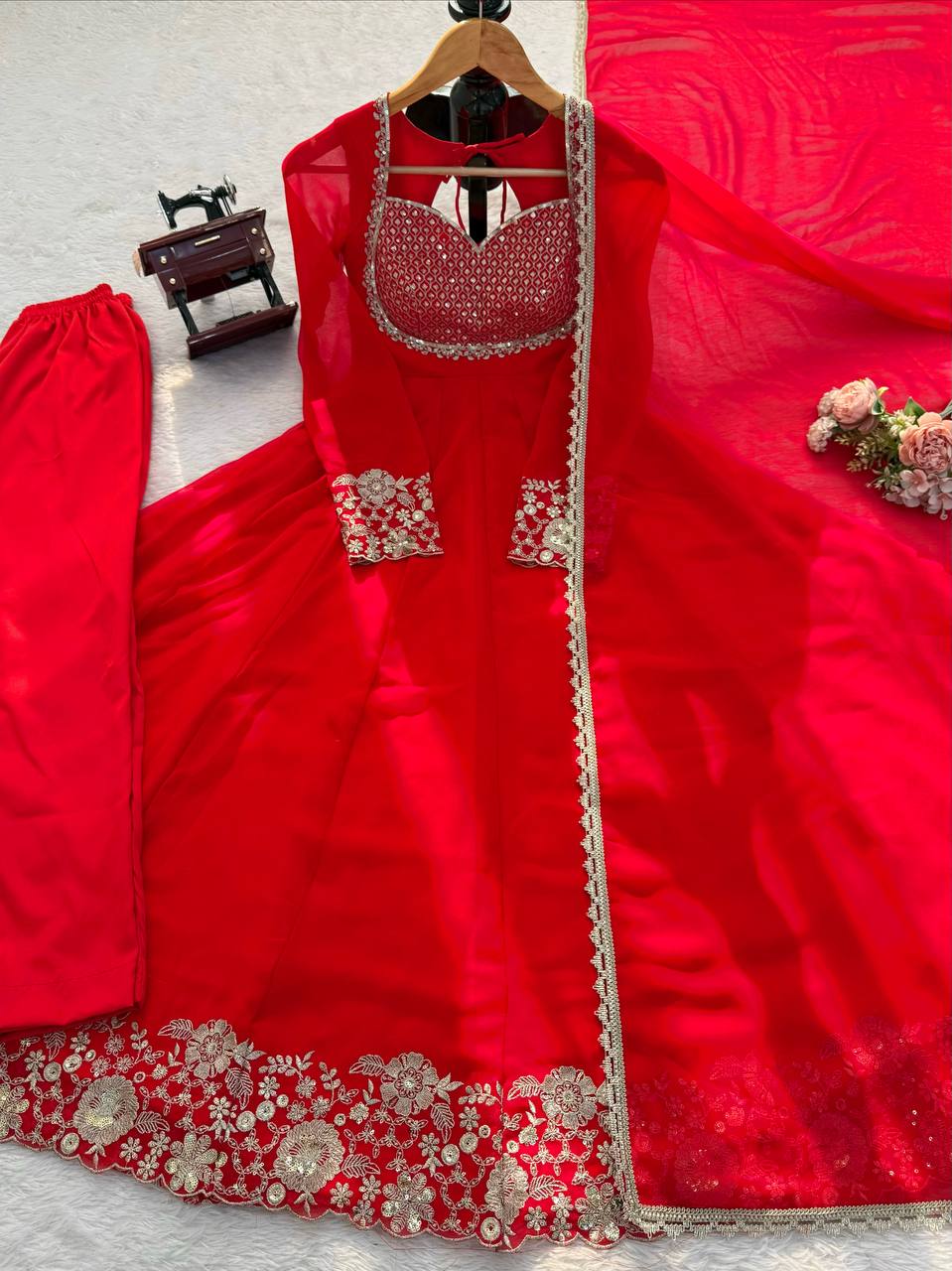 Red Faux Georgette Embroidered Anarkali Gown with Dupatta Set