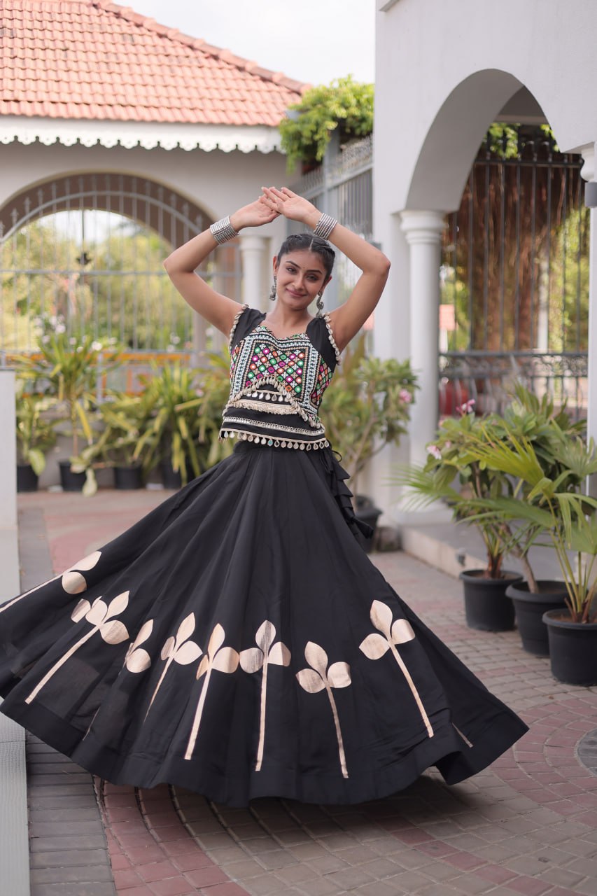 Black Mirror Work Pan-Patti Gota Lehenga Choli – 6 Meter Flair