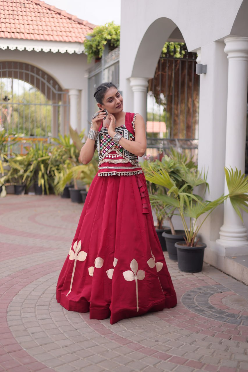 Maroon Mirror Work Pan-Patti Gota Lehenga Choli – 6 Meter Flair