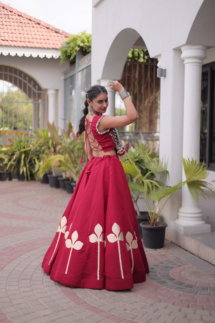 Maroon Mirror Work Pan-Patti Gota Lehenga Choli – 6 Meter Flair