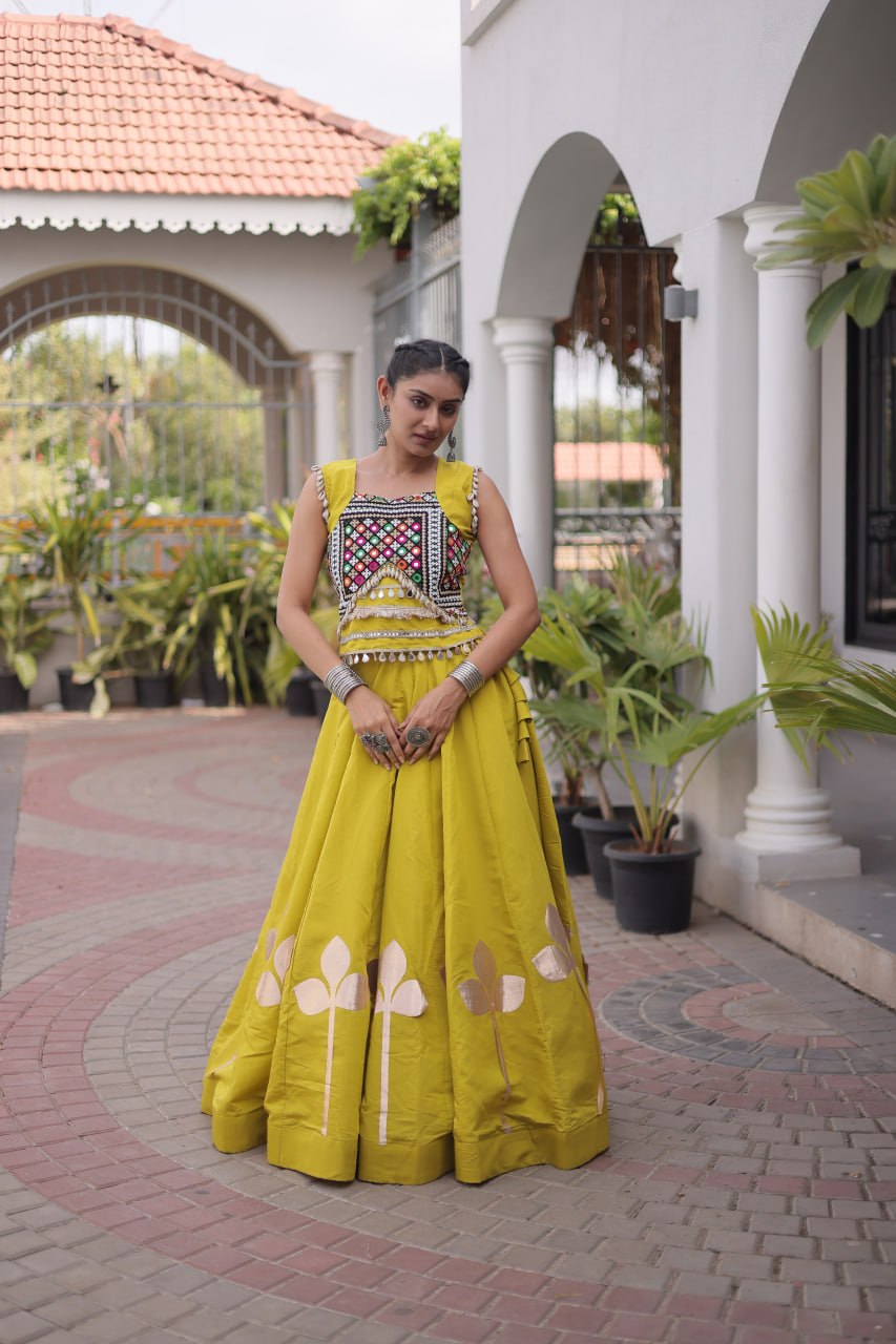 Mustard Yellow Mirror Work Pan-Patti Gota Lehenga Choli – 6 Meter Flair