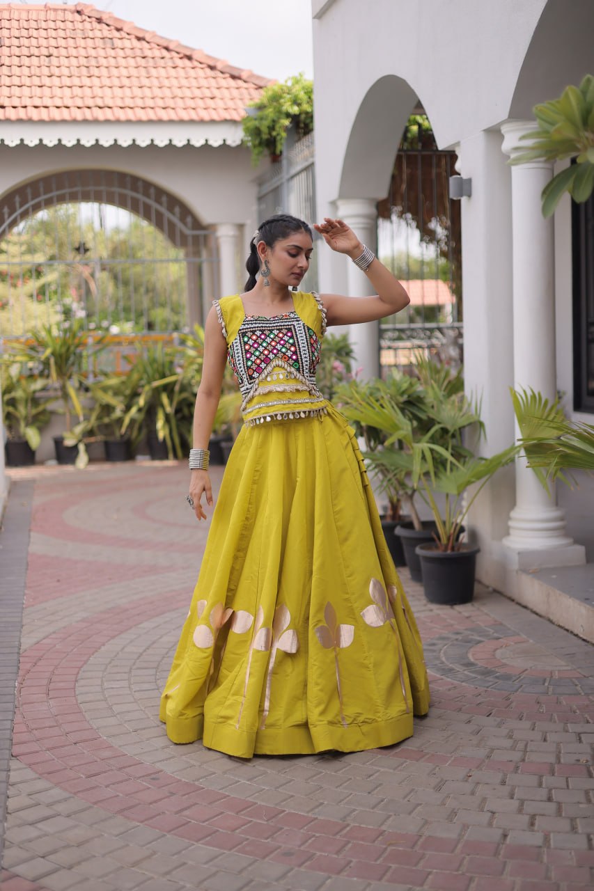 Mustard Yellow Mirror Work Pan-Patti Gota Lehenga Choli – 6 Meter Flair