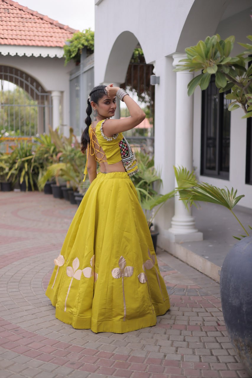 Mustard Yellow Mirror Work Pan-Patti Gota Lehenga Choli – 6 Meter Flair