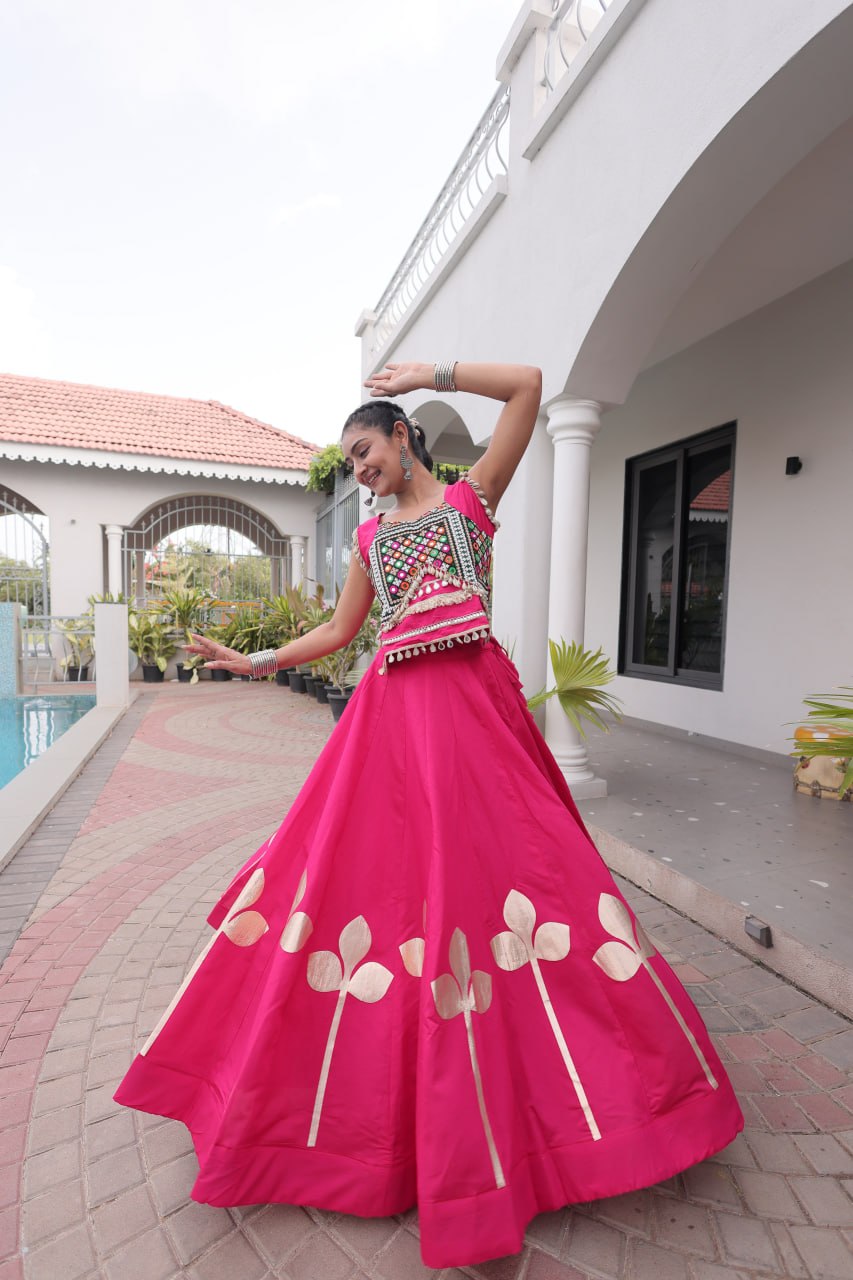 Fuchsia Pink Mirror Work Pan-Patti Gota Lehenga Choli – 6 Meter Flair