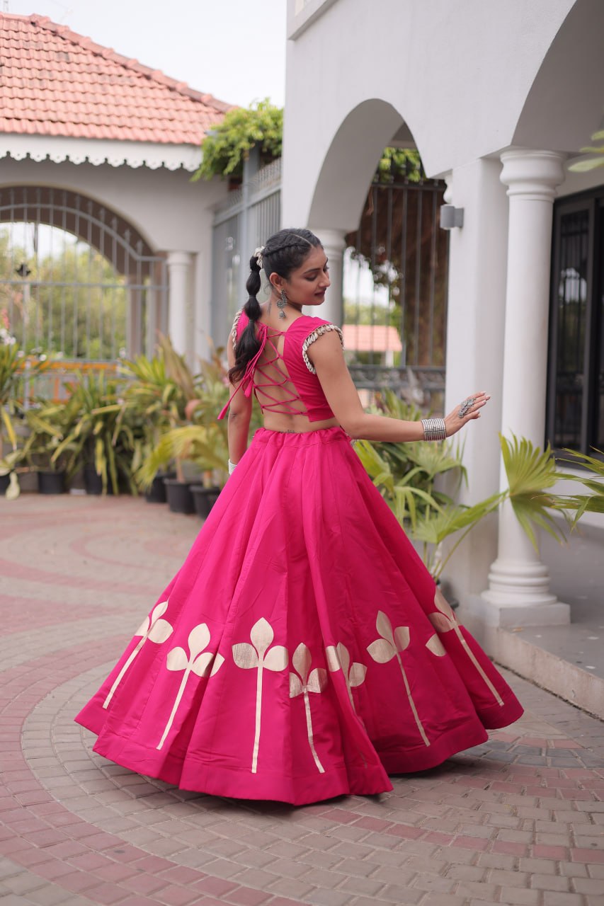 Fuchsia Pink Mirror Work Pan-Patti Gota Lehenga Choli – 6 Meter Flair