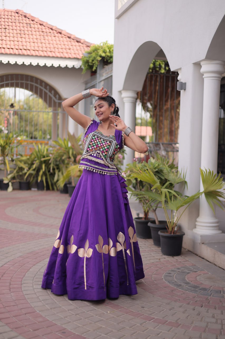 Royal Purple Mirror Work Pan-Patti Gota Lehenga Choli – 6 Meter Flair