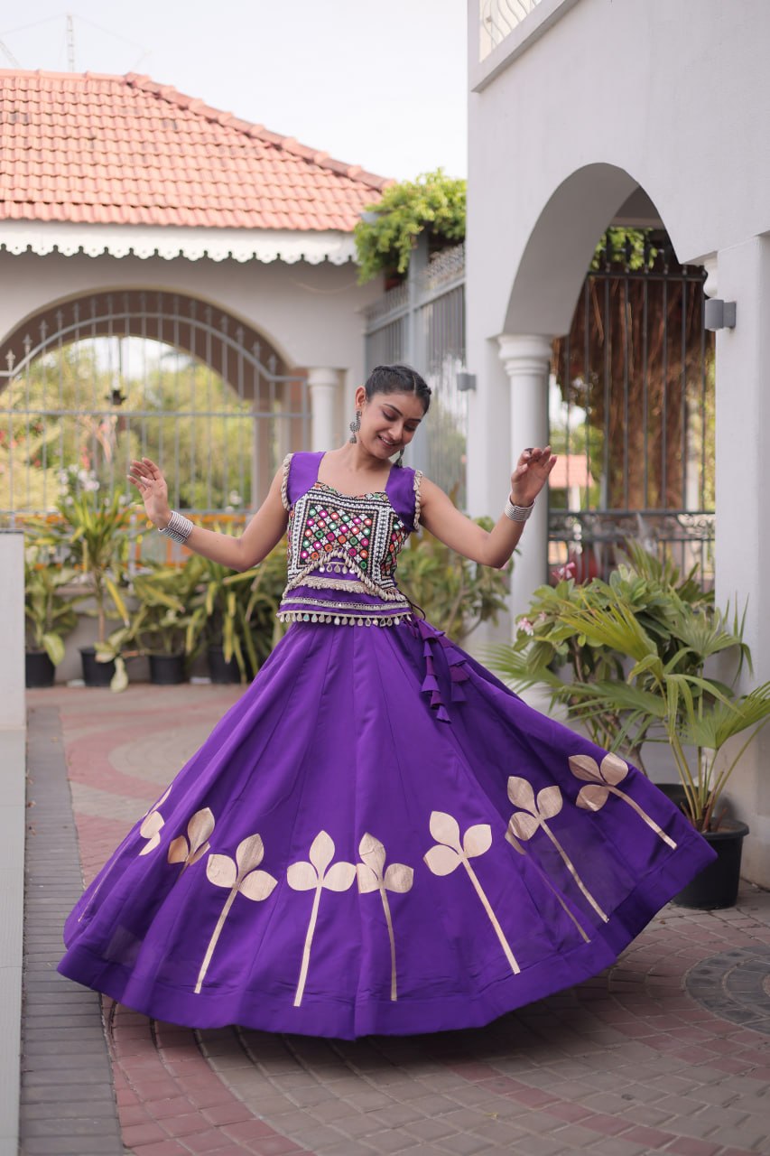 Royal Purple Mirror Work Pan-Patti Gota Lehenga Choli – 6 Meter Flair