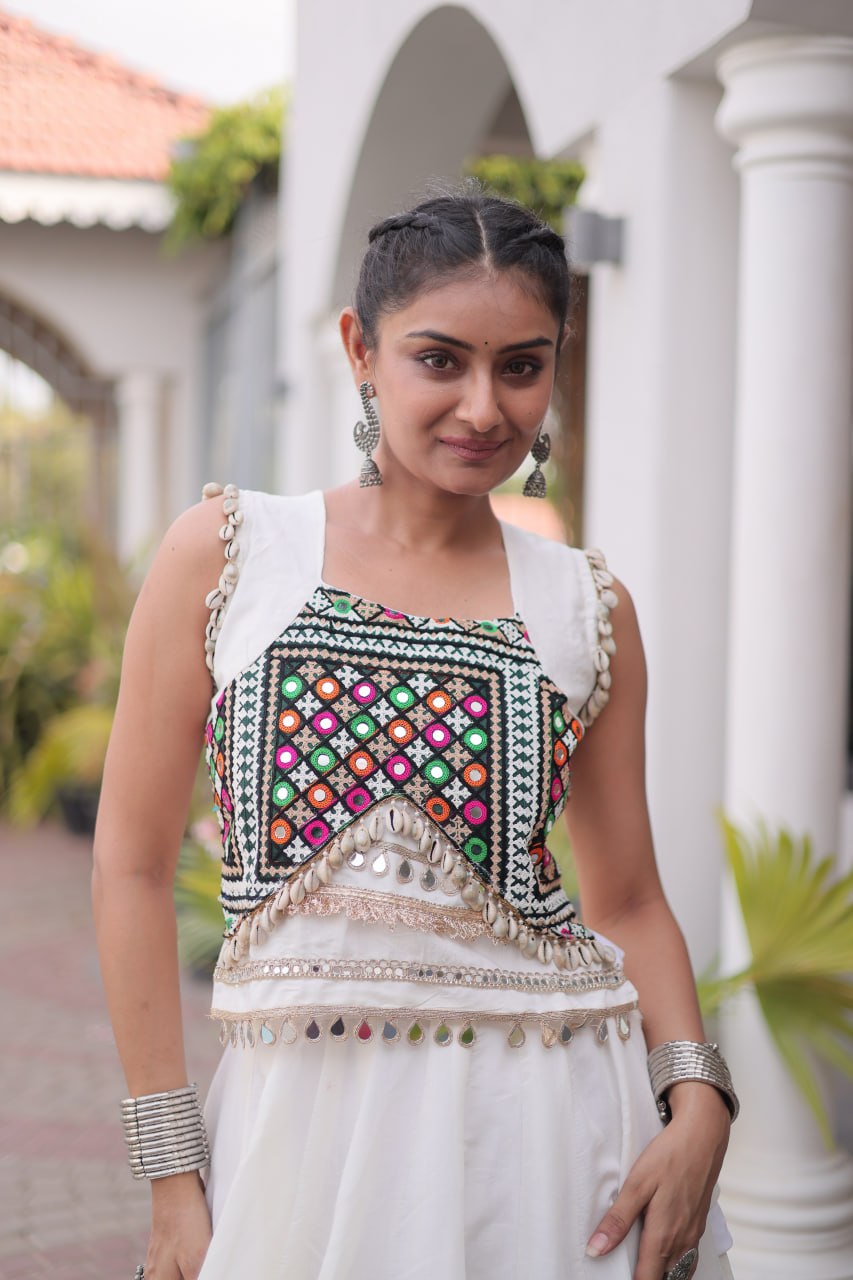 Ivory White Mirror Work Pan-Patti Gota Lehenga Choli – 6 Meter Flair