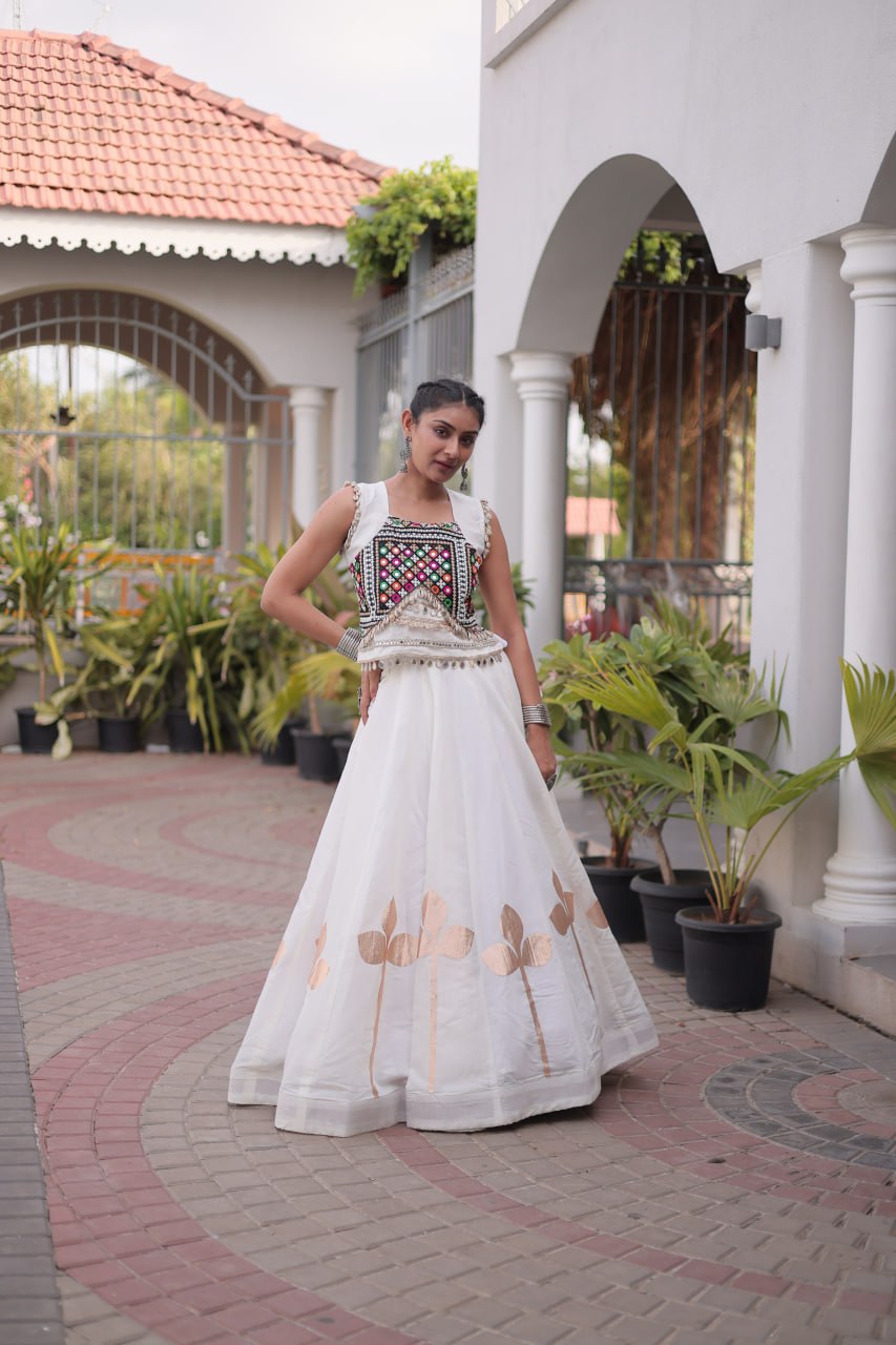 Ivory White Mirror Work Pan-Patti Gota Lehenga Choli – 6 Meter Flair