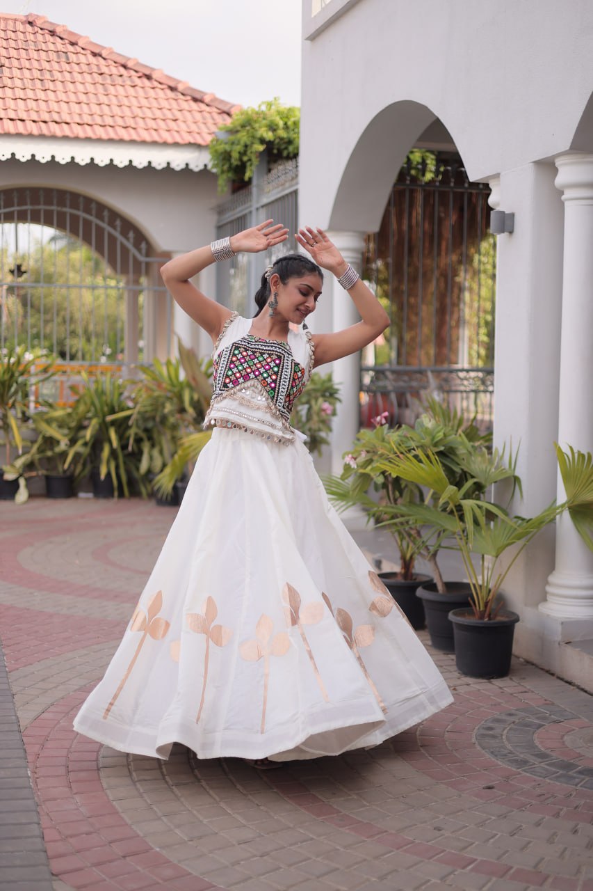 Ivory White Mirror Work Pan-Patti Gota Lehenga Choli – 6 Meter Flair