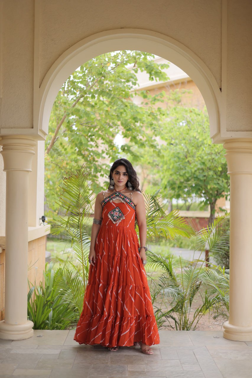 Rust Orange Kutchi Patchwork Laheriya Gown | 12 Meter Flair | Navratri 2026