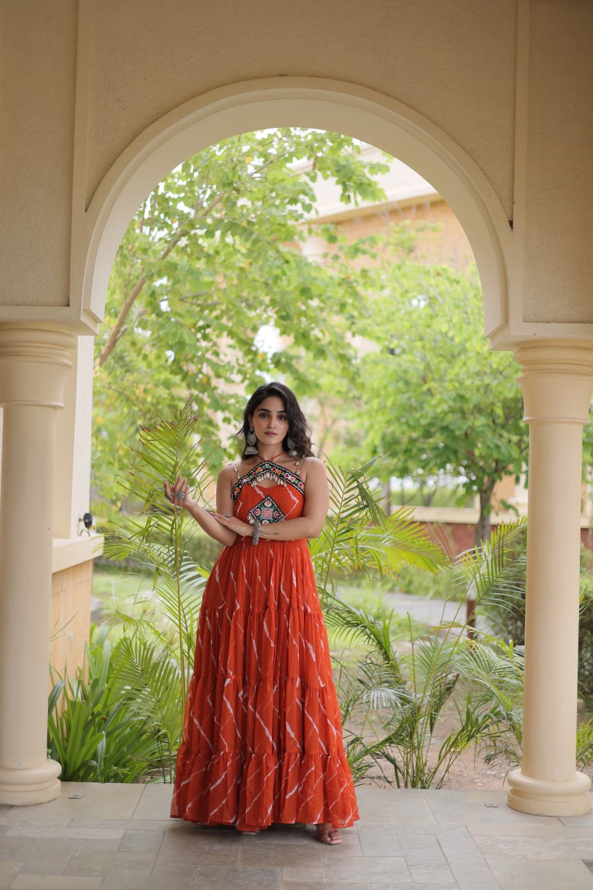 Rust Orange Kutchi Patchwork Laheriya Gown | 12 Meter Flair | Navratri 2026