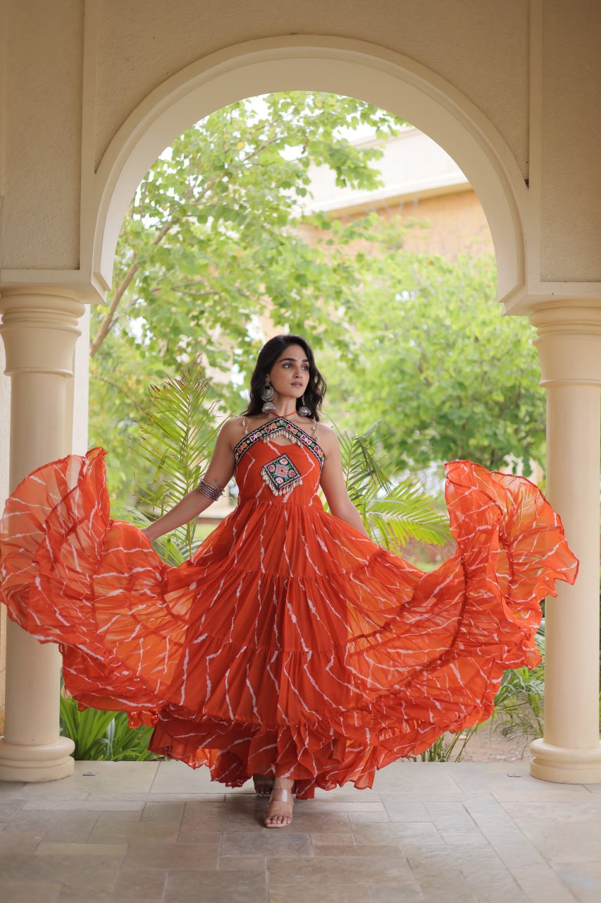 Rust Orange Kutchi Patchwork Laheriya Gown | 12 Meter Flair | Navratri 2026