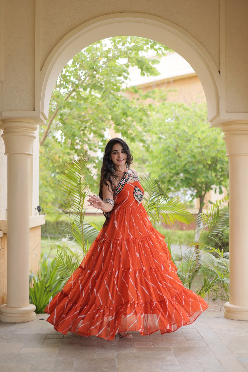 Rust Orange Kutchi Patchwork Laheriya Gown | 12 Meter Flair | Navratri 2026