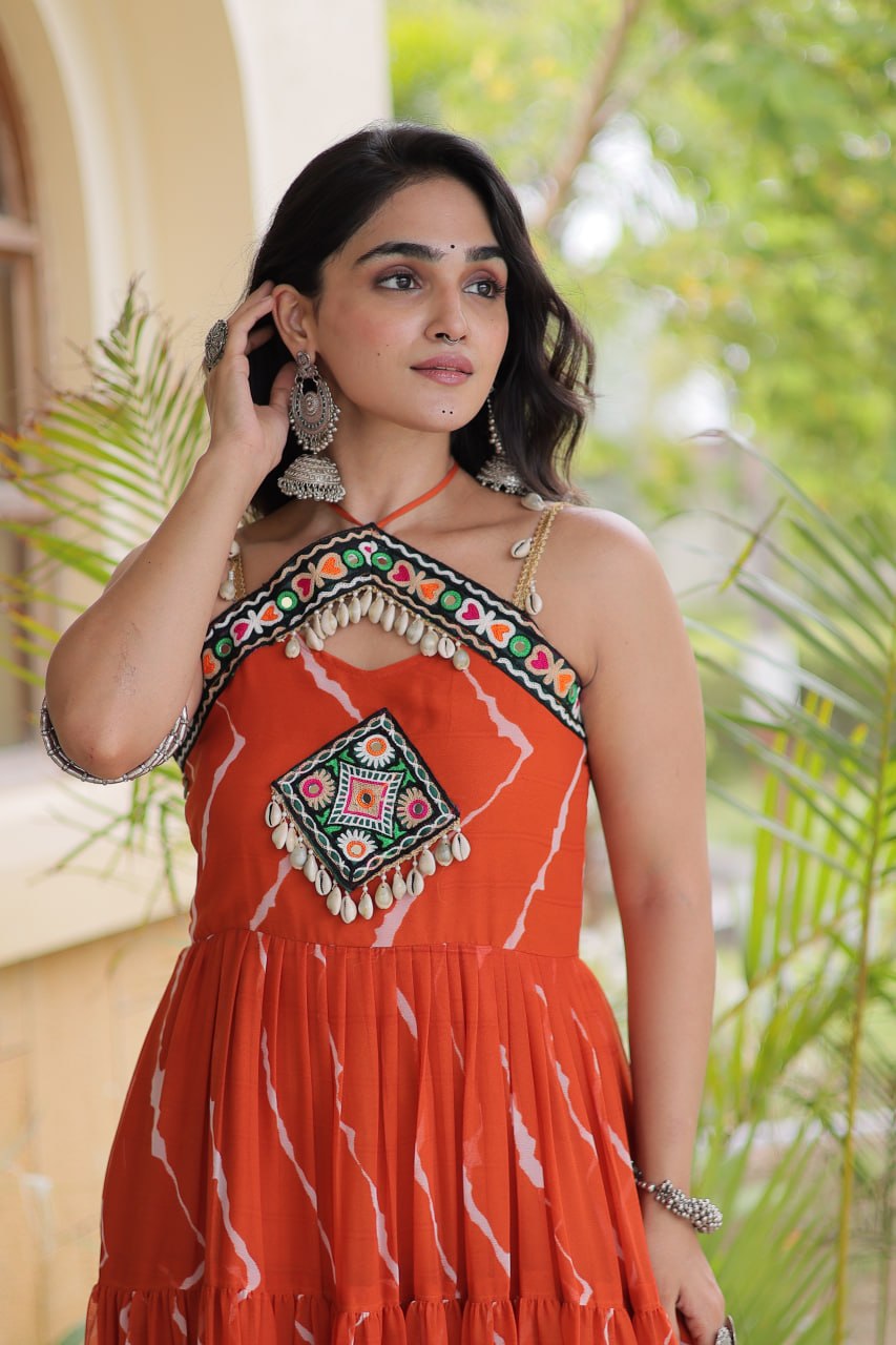 Rust Orange Kutchi Patchwork Laheriya Gown | 12 Meter Flair | Navratri 2026