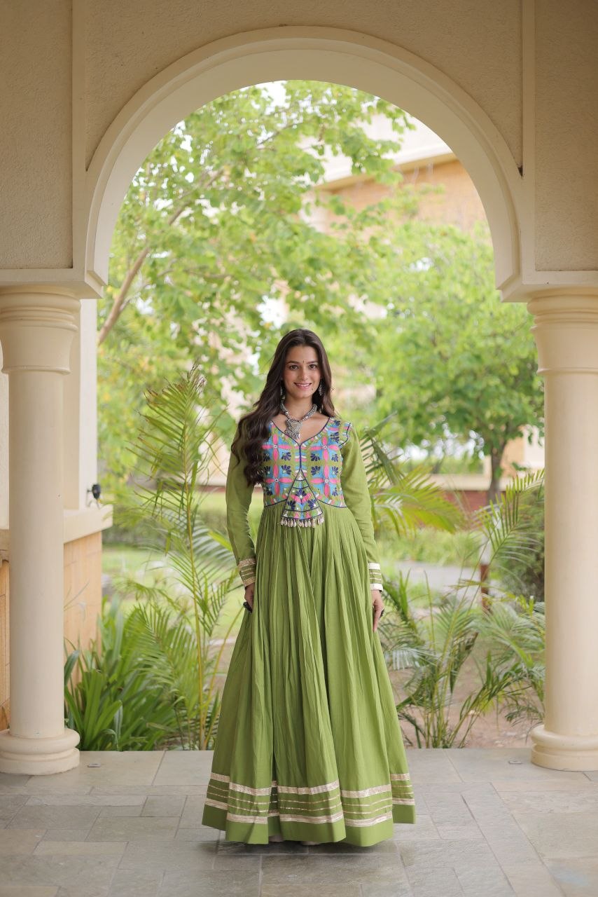Parrot Green Kora Cotton Mirror Work Navratri Gown