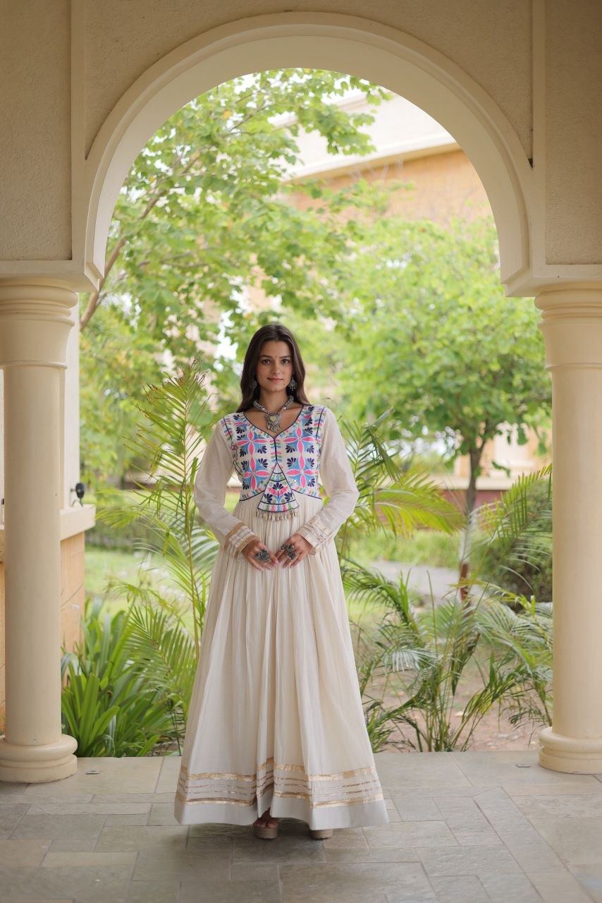 Off-White Kora Cotton Mirror Work Navratri Gown