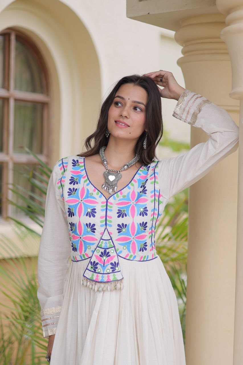 Off-White Kora Cotton Mirror Work Navratri Gown